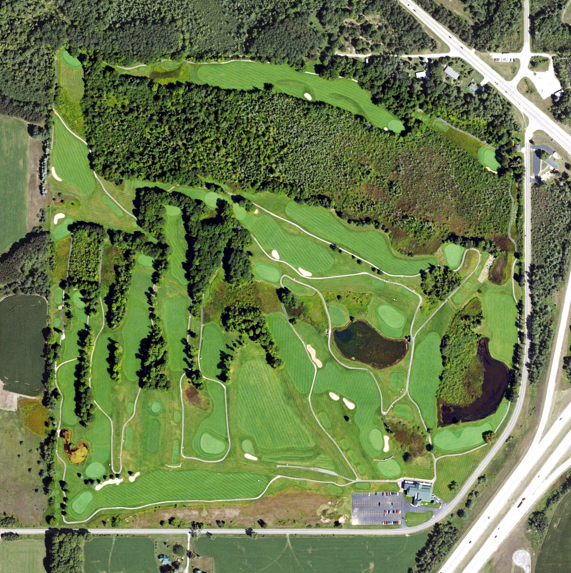 Aerial view of Eldorado, MI, with its hole routing marked