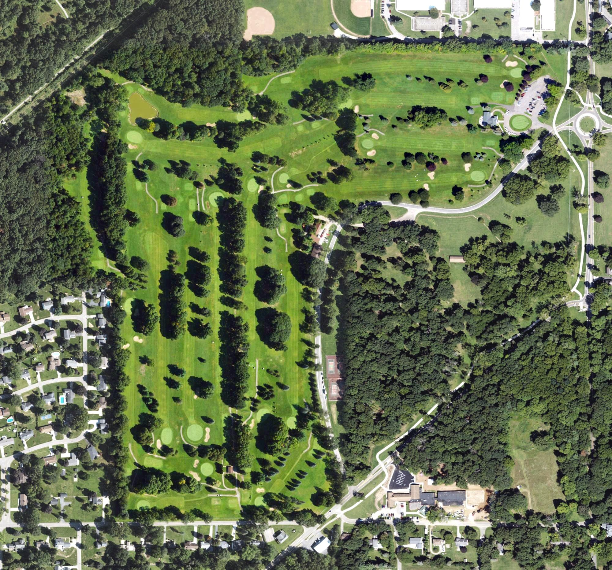 Aerial view of Ella Sharp Park Golf Course, MI, with its hole routing marked