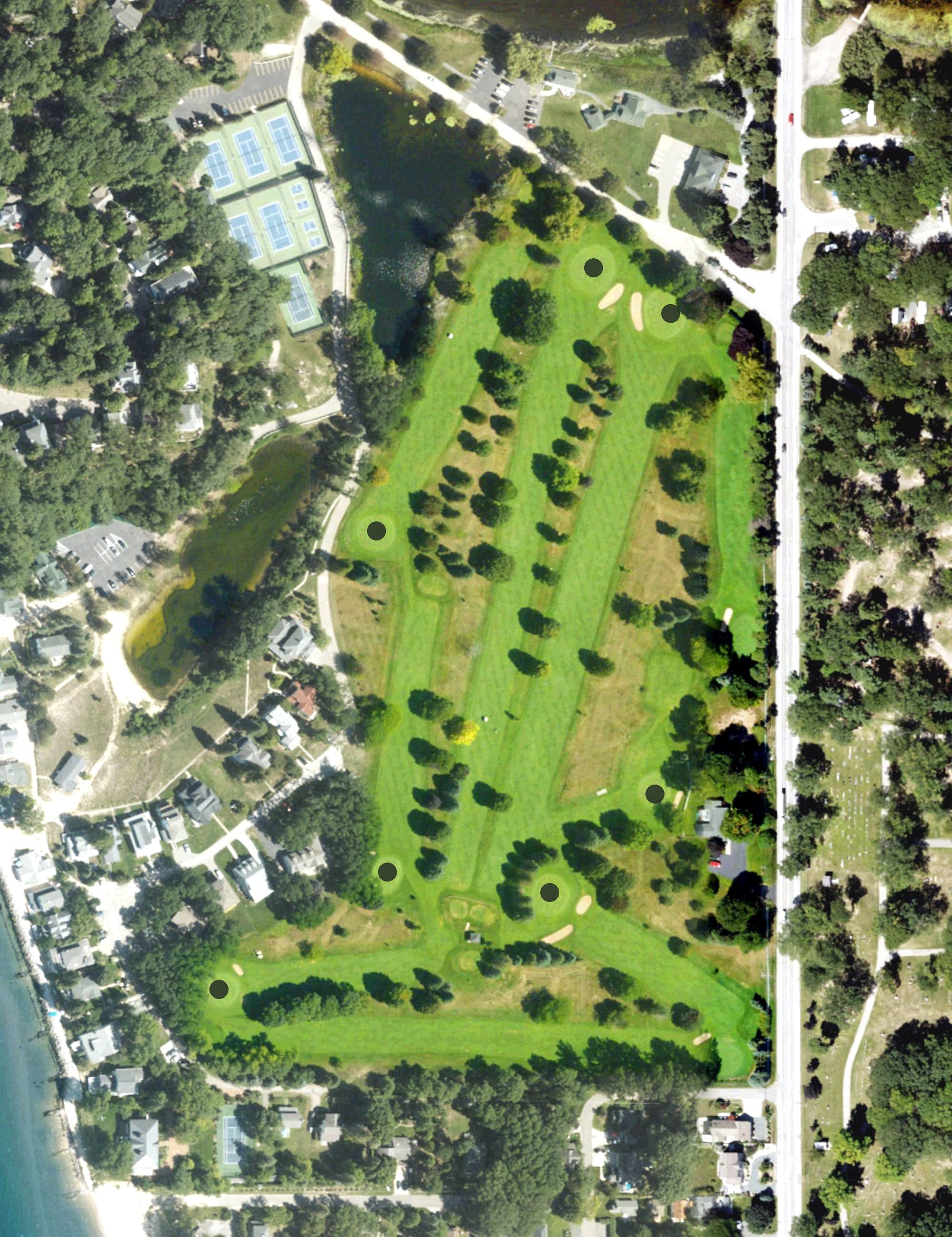 Aerial view of Epworth Heights Golf Course, MI, with its hole routing marked