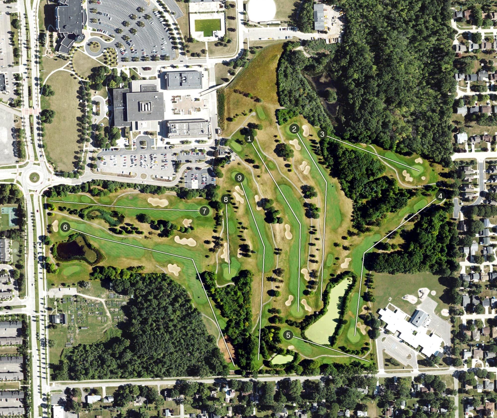 Aerial view of Evergreen Hills Golf Course, MI, with its hole routing marked