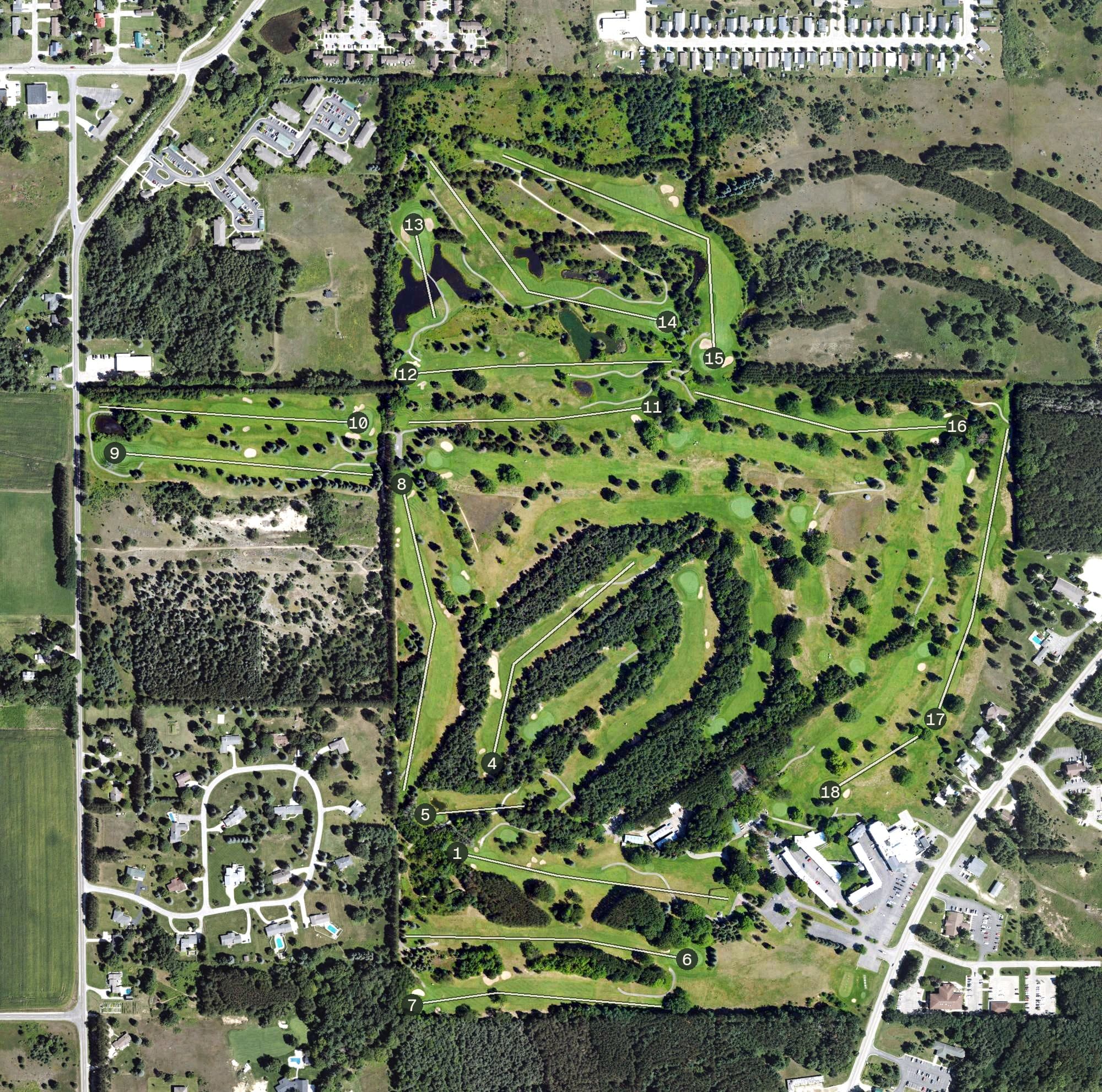 Aerial view of Evergreen Resort, MI, with its hole routing marked