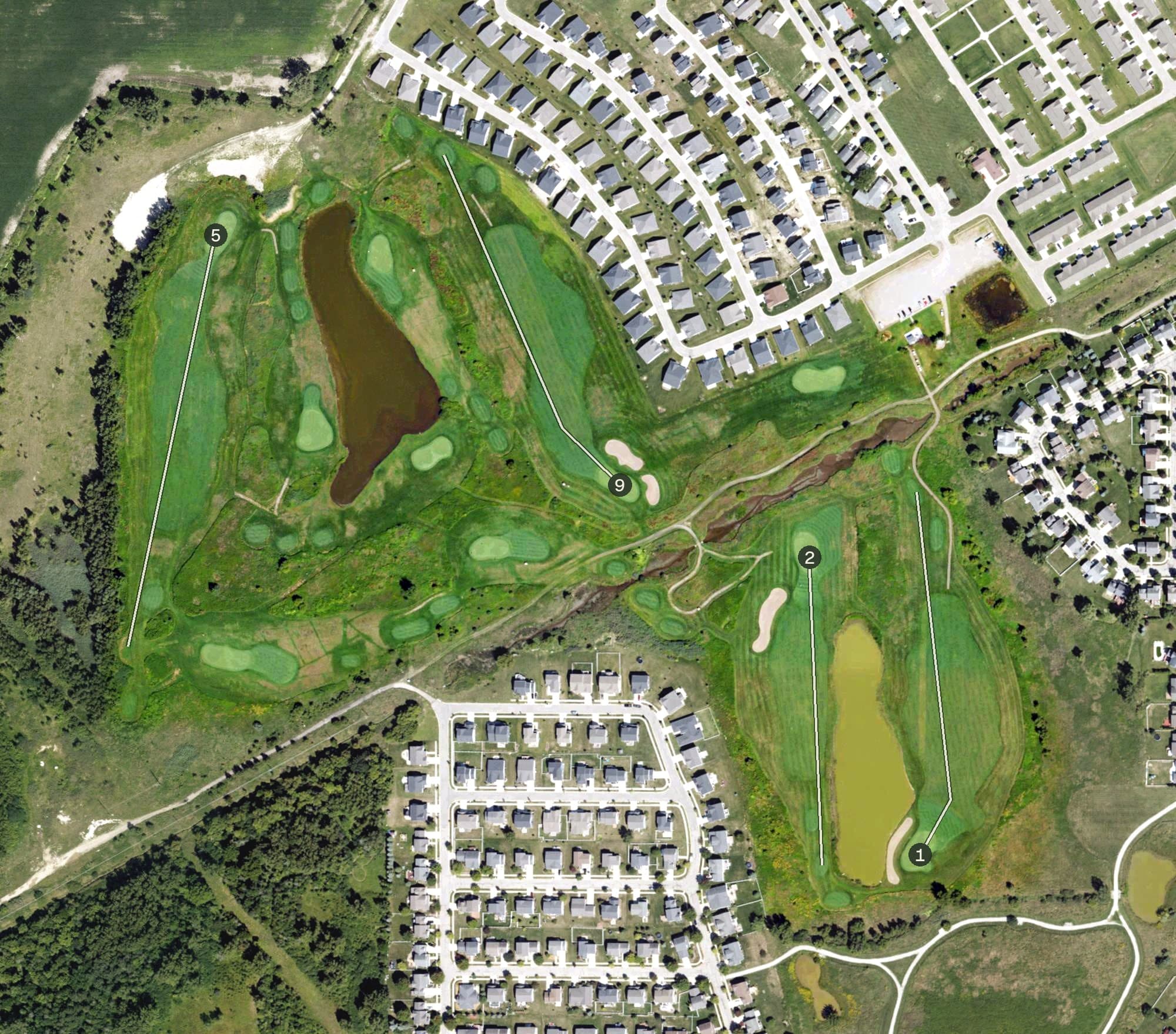 Aerial view of Falcon Golf Course, MI, with its hole routing marked