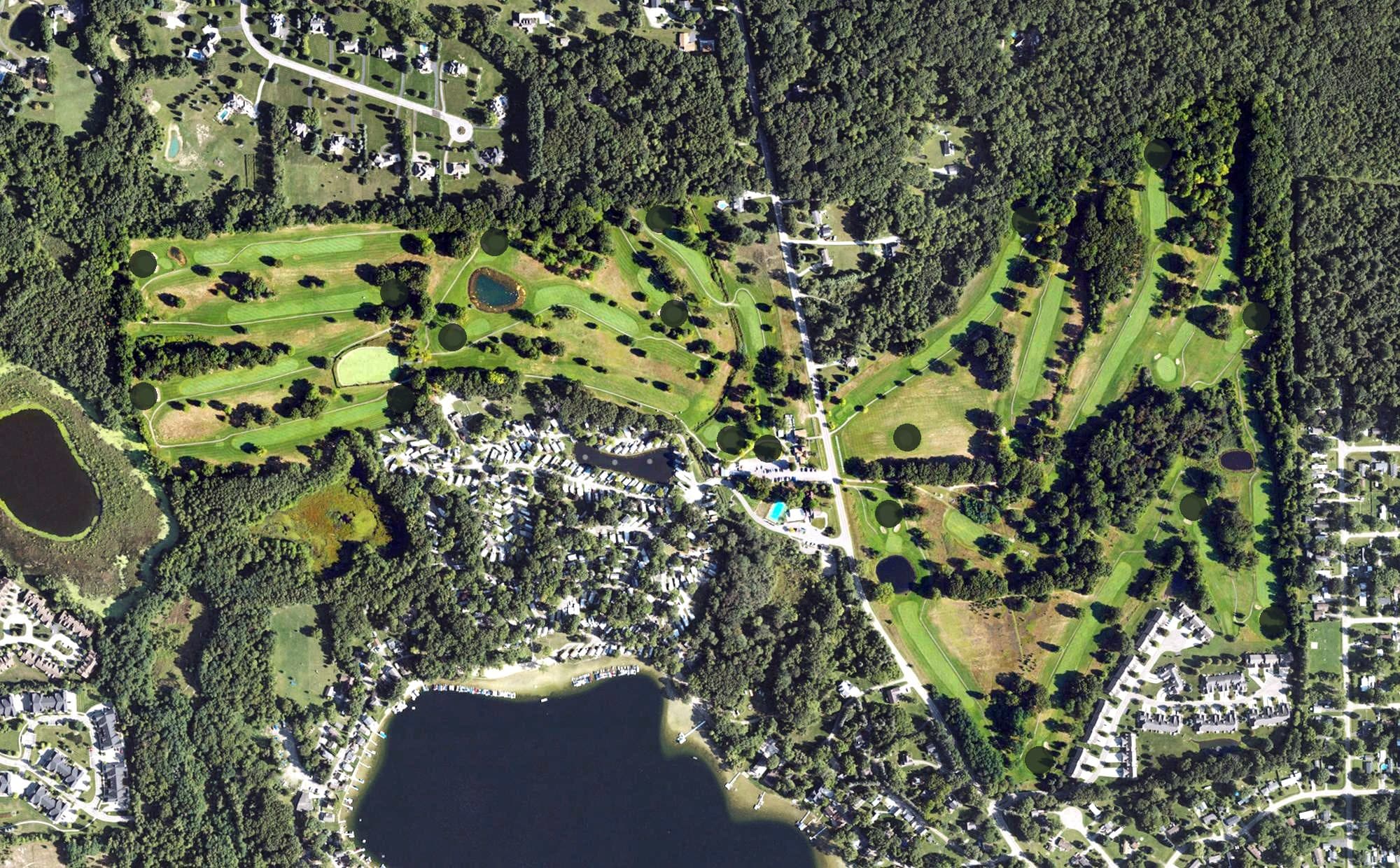 Aerial view of Faulkwood Shores Golf Club, MI, with its hole routing marked