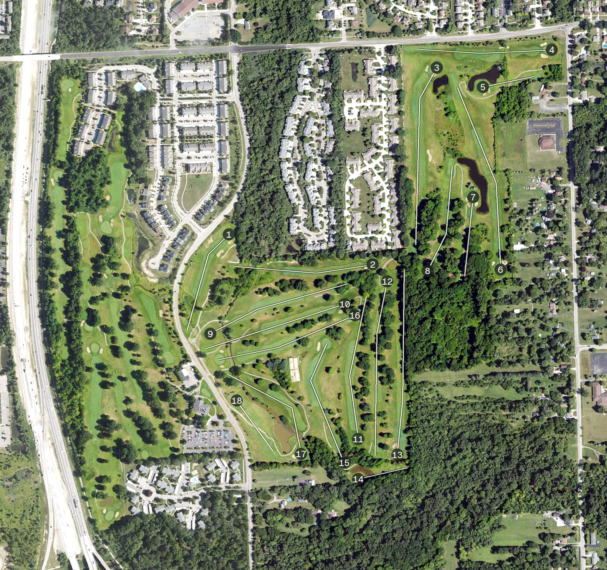 Aerial view of Fellows Creek Municipal Golf Club, MI, with its hole routing marked