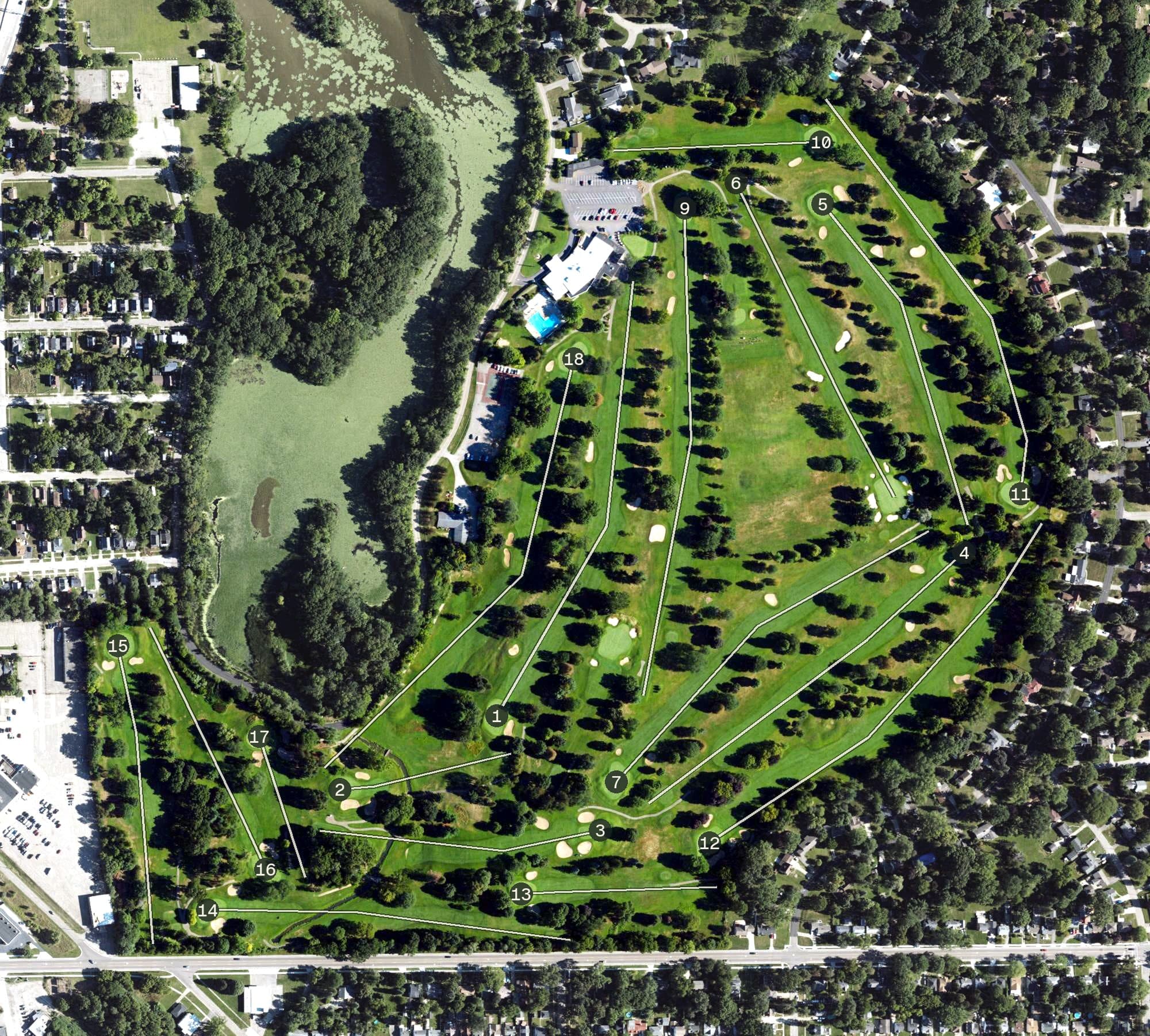 Aerial view of Flint Golf Club, MI, with its hole routing marked