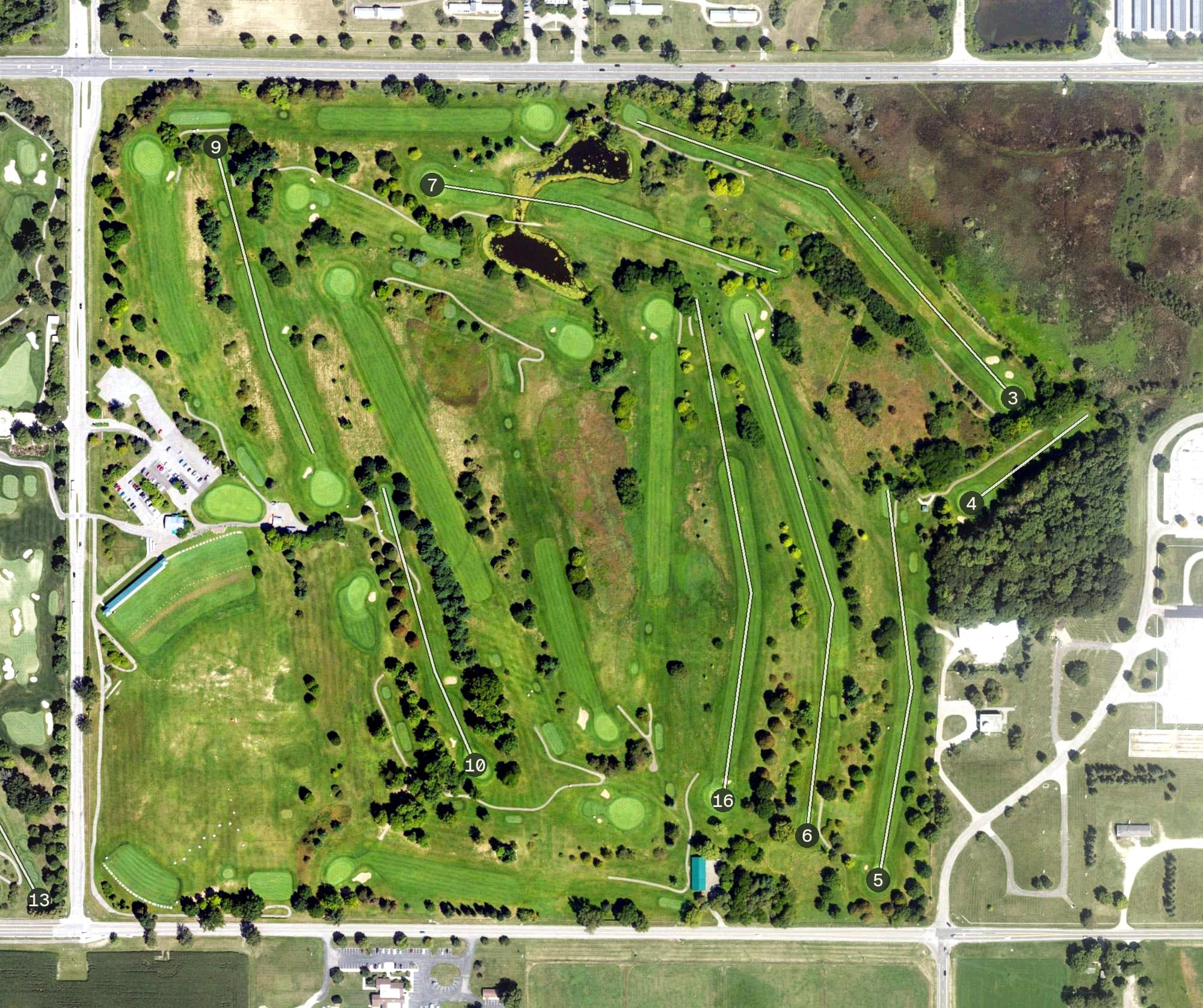 Aerial view of Forest Akers East, MI, with its hole routing marked