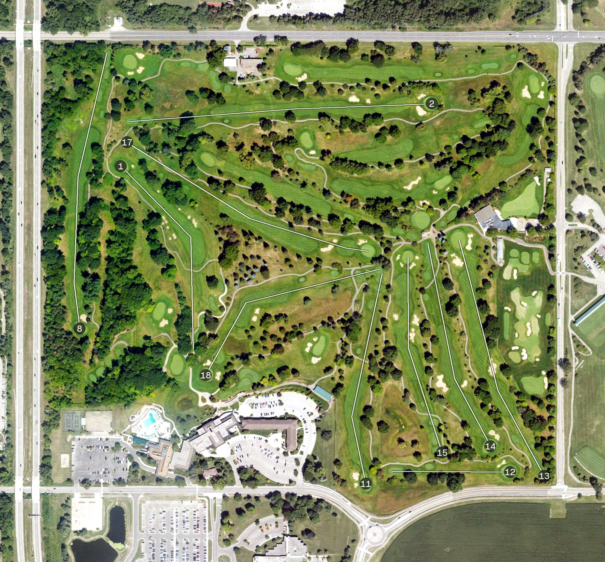 Aerial view of Forest Akers West, MI, with its hole routing marked