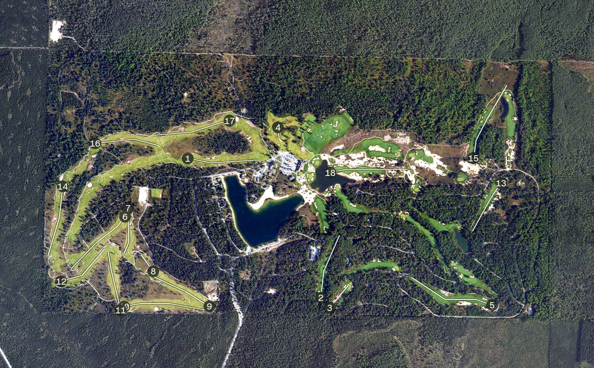 Aerial view of Forest Dunes Golf Resort, MI, with its hole routing marked