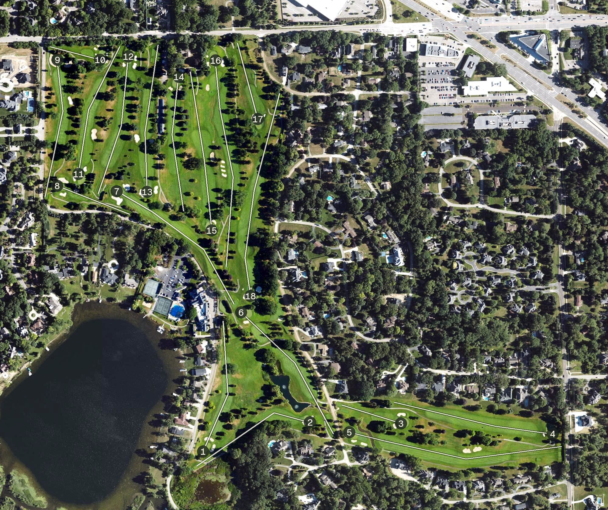 Aerial view of Forest Lake Country Club, MI, with its hole routing marked