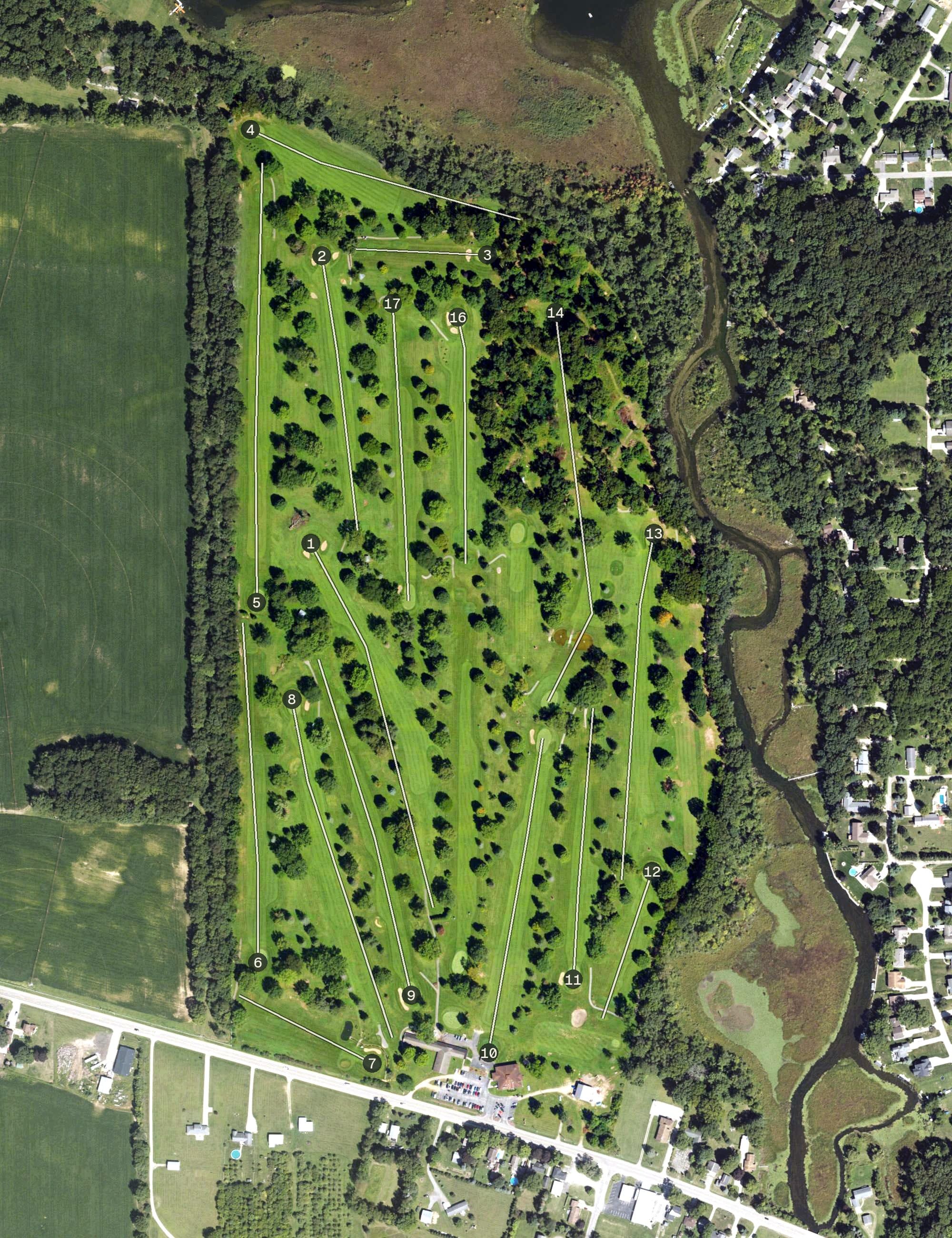 Aerial view of Four Lakes Country Club, MI, with its hole routing marked