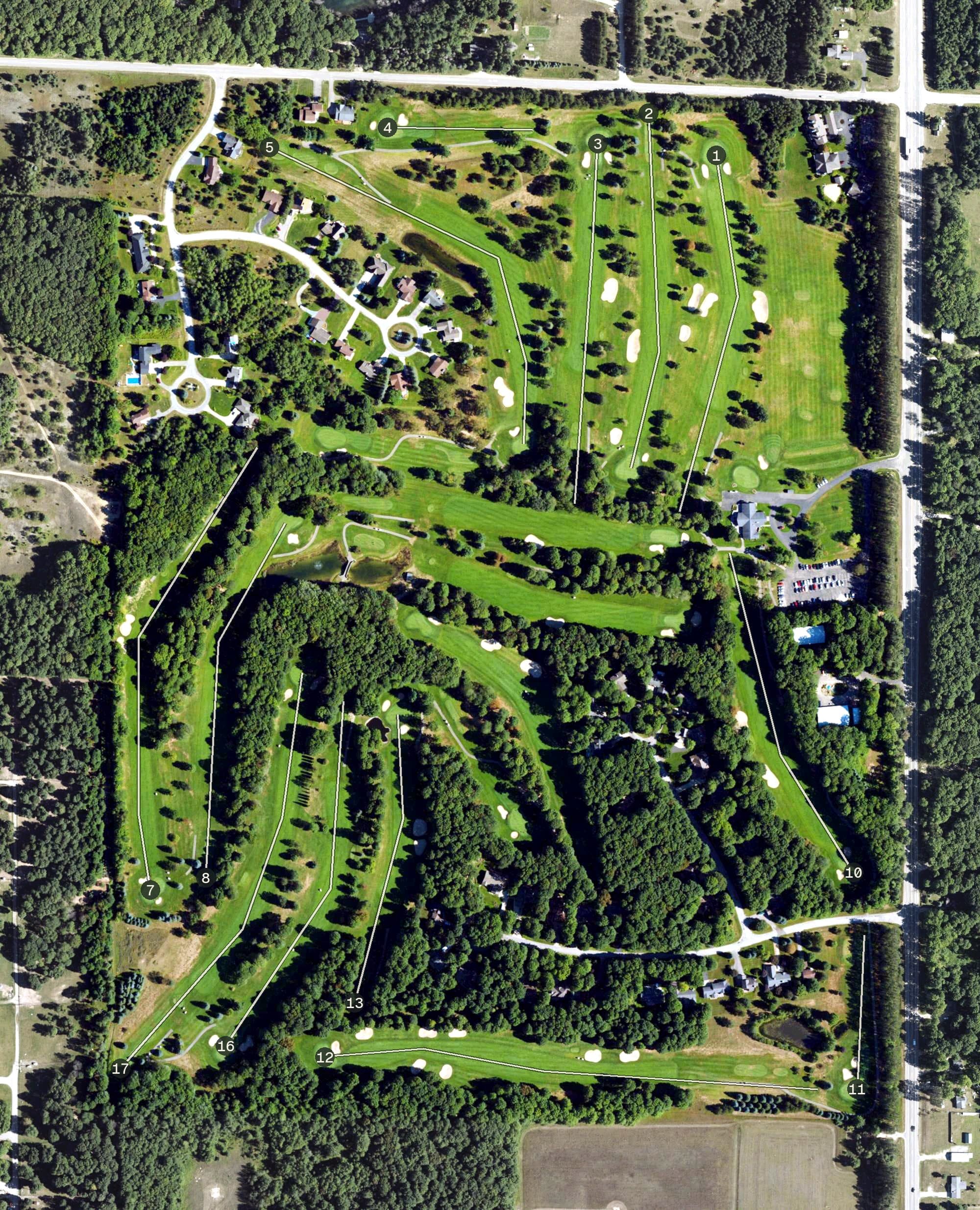 Aerial view of Gaylord Country Club, MI, with its hole routing marked