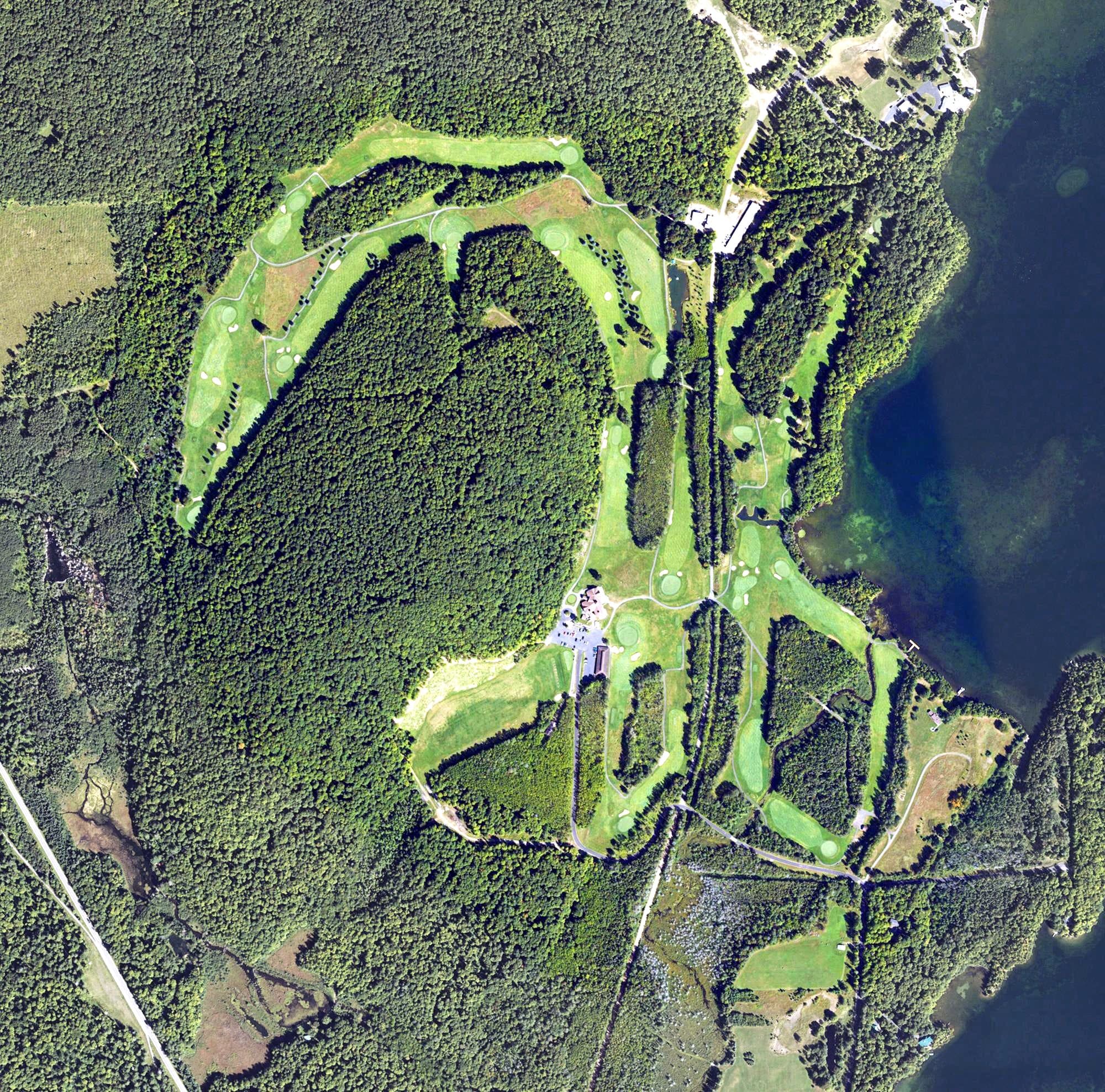 Aerial view of George Young Golf Course, MI, with its hole routing marked