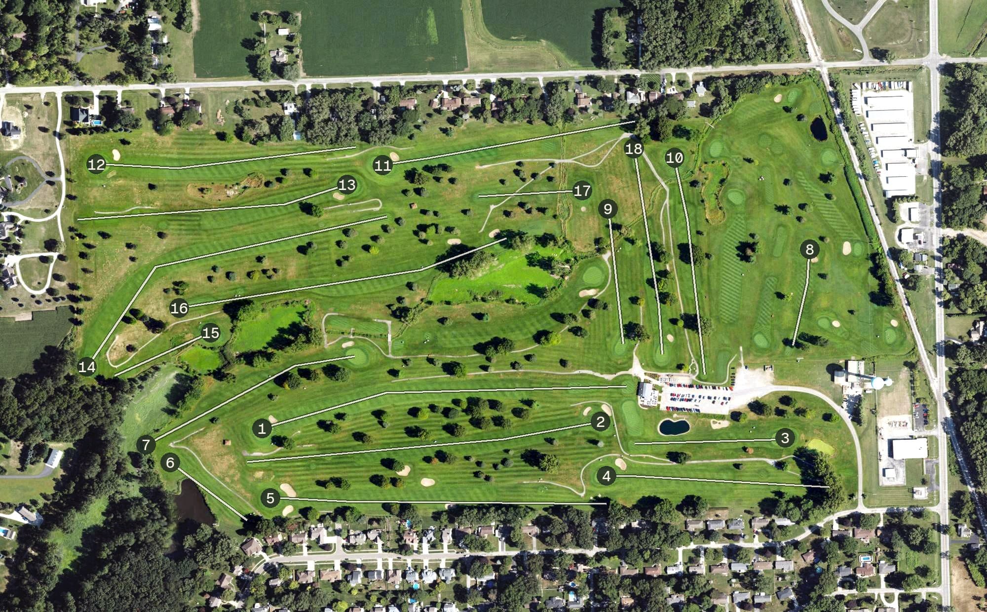 Aerial view of Giant Oak Golf Club, MI, with its hole routing marked
