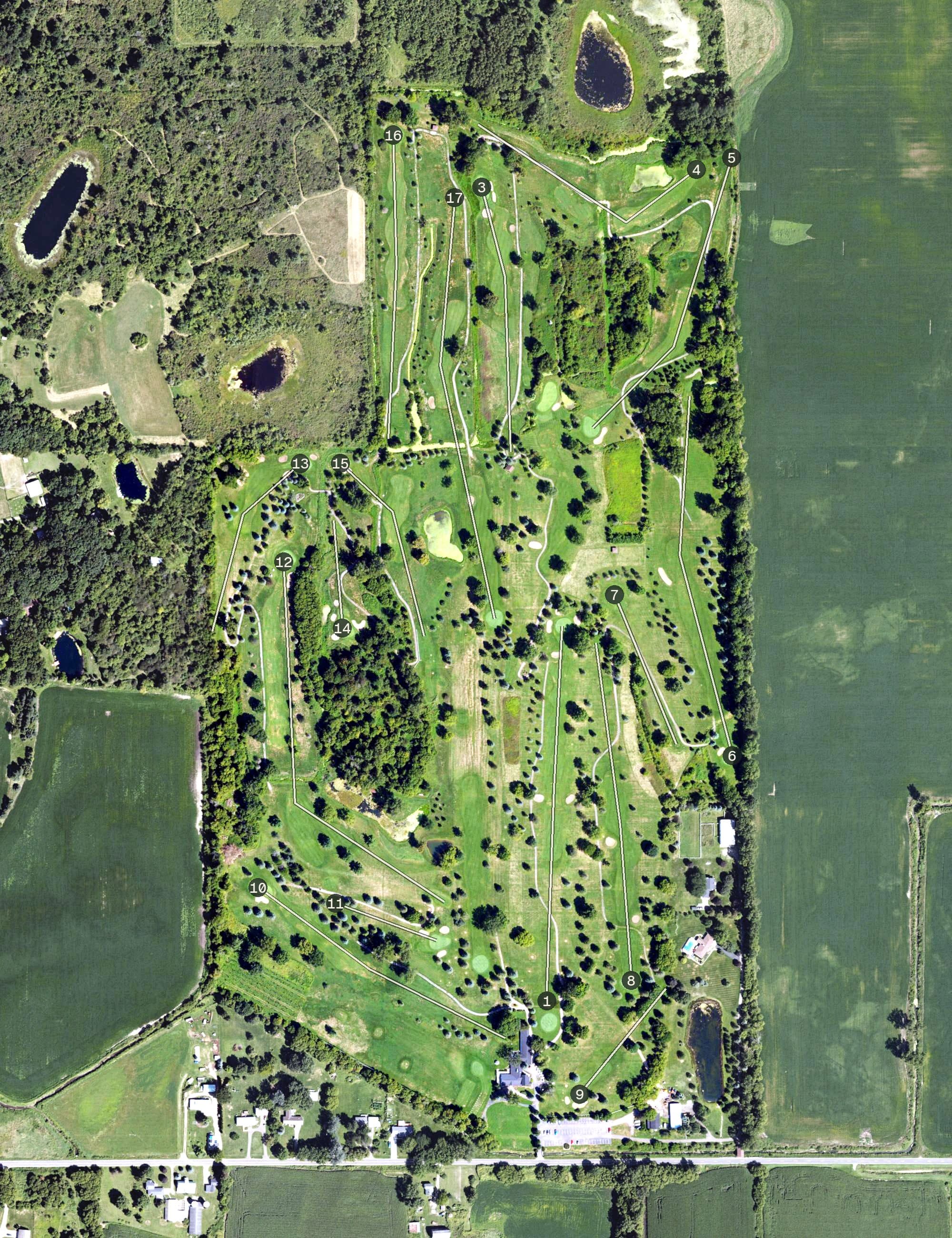 Aerial view of Glenbrier Golf Course, MI, with its hole routing marked