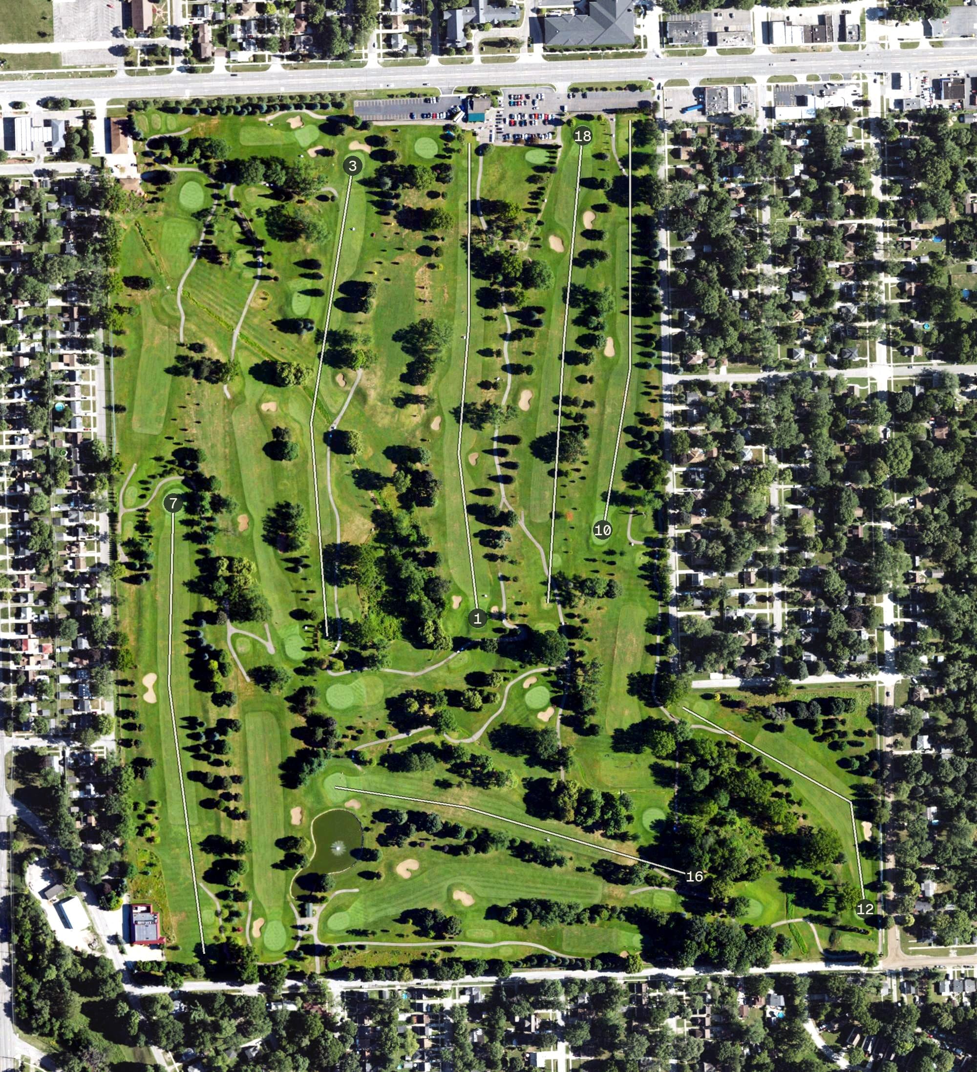 Aerial view of Glenhurst Golf Course, MI, with its hole routing marked