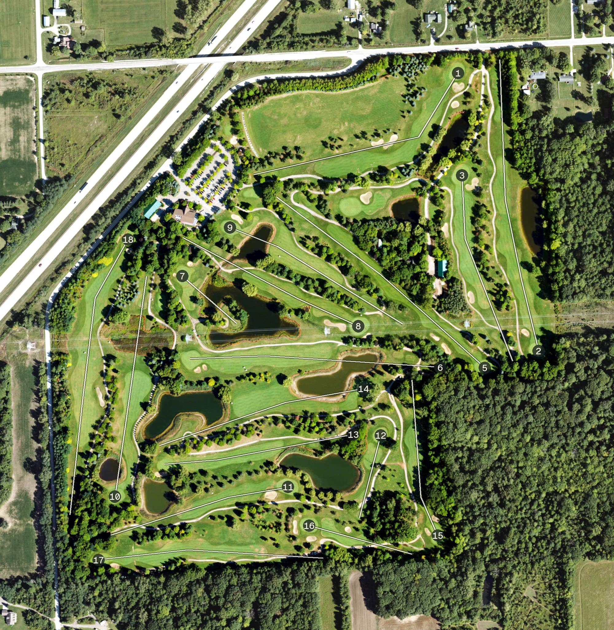 Aerial view of Golden Hawk Golf Club, MI, with its hole routing marked