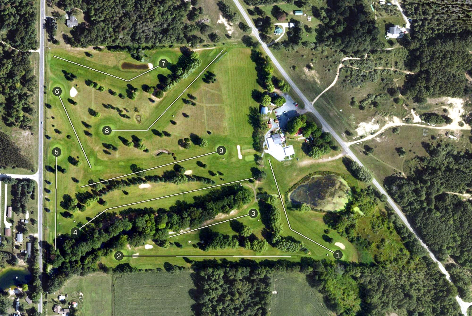 Aerial view of Golden Sands Golf Course, MI, with its hole routing marked