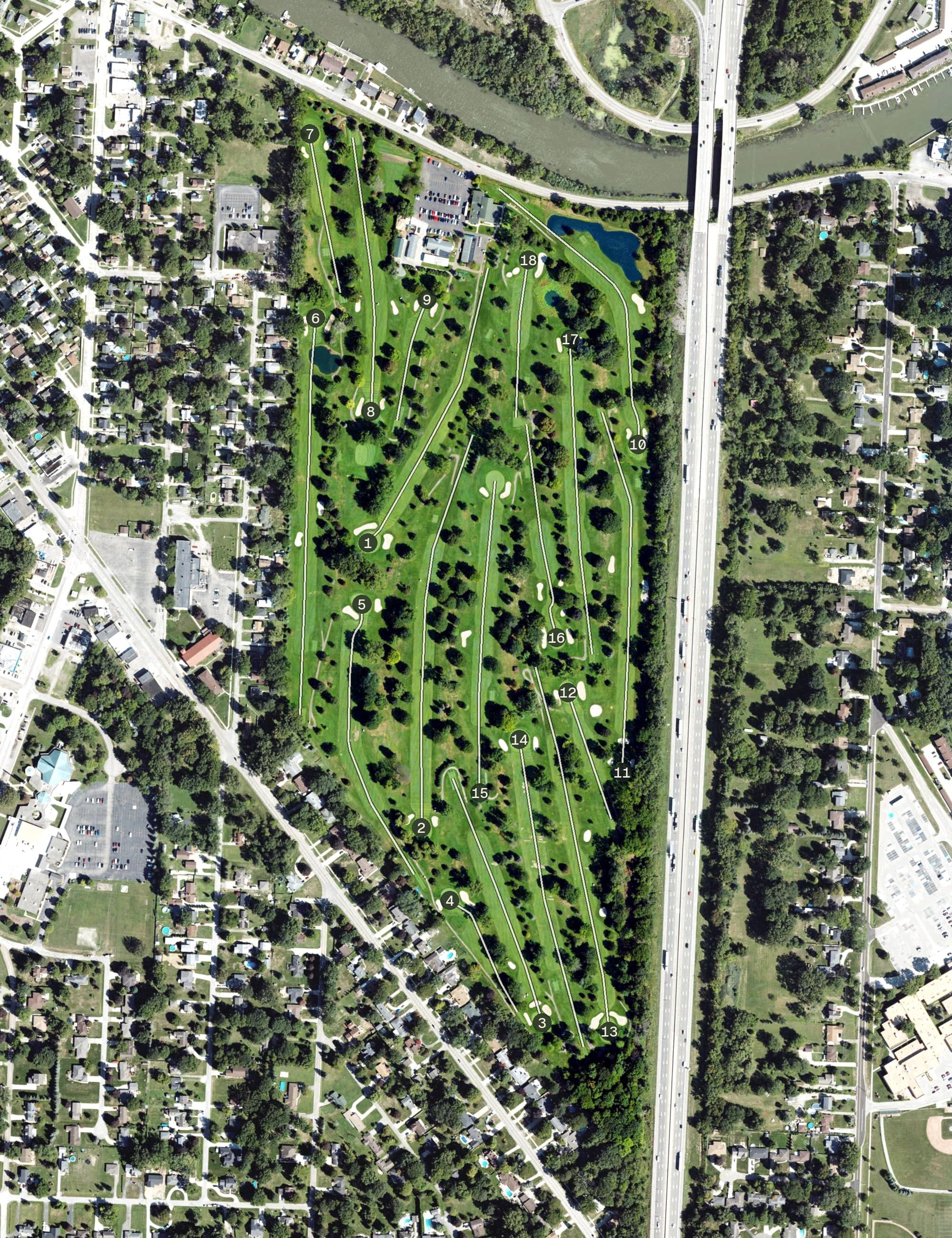 Aerial view of Gowanie Country Club, MI, with its hole routing marked