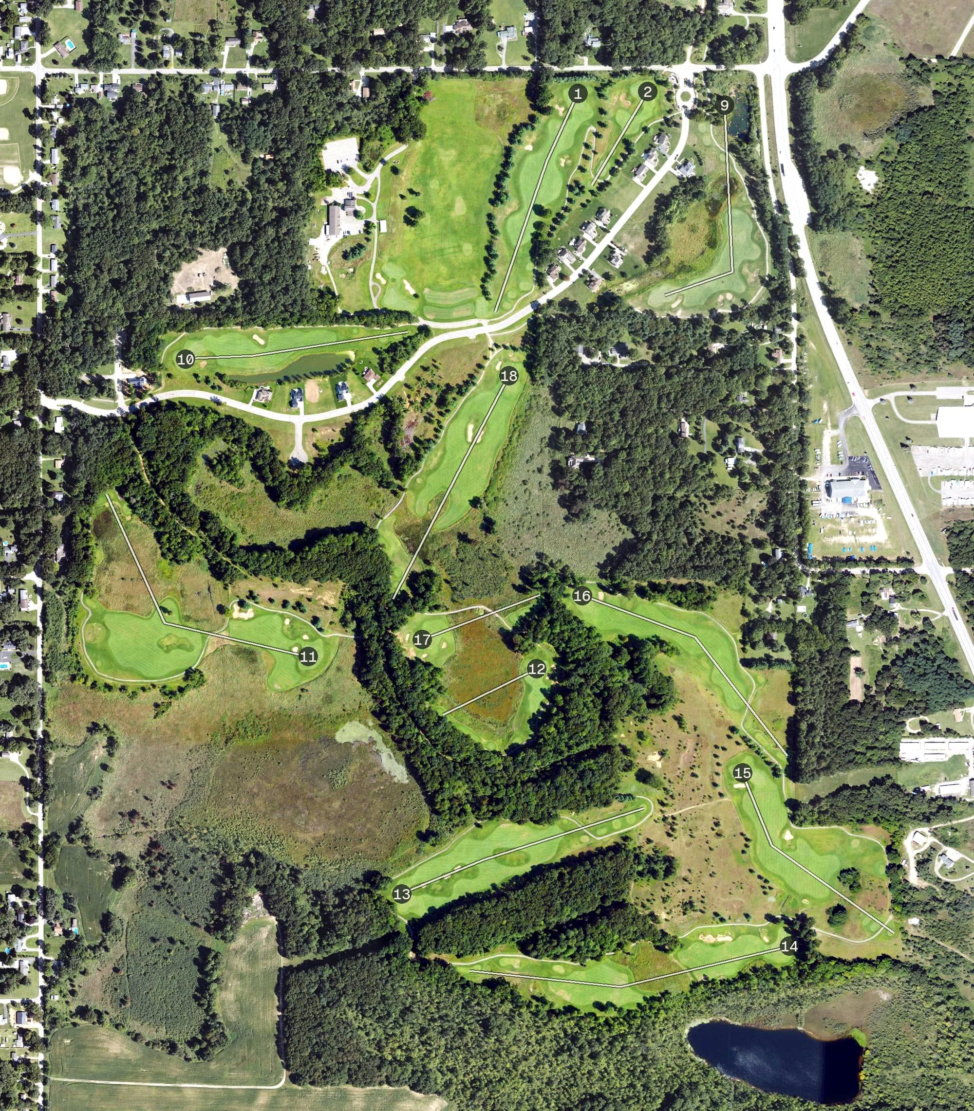Aerial view of Grande Golf Club, MI, with its hole routing marked