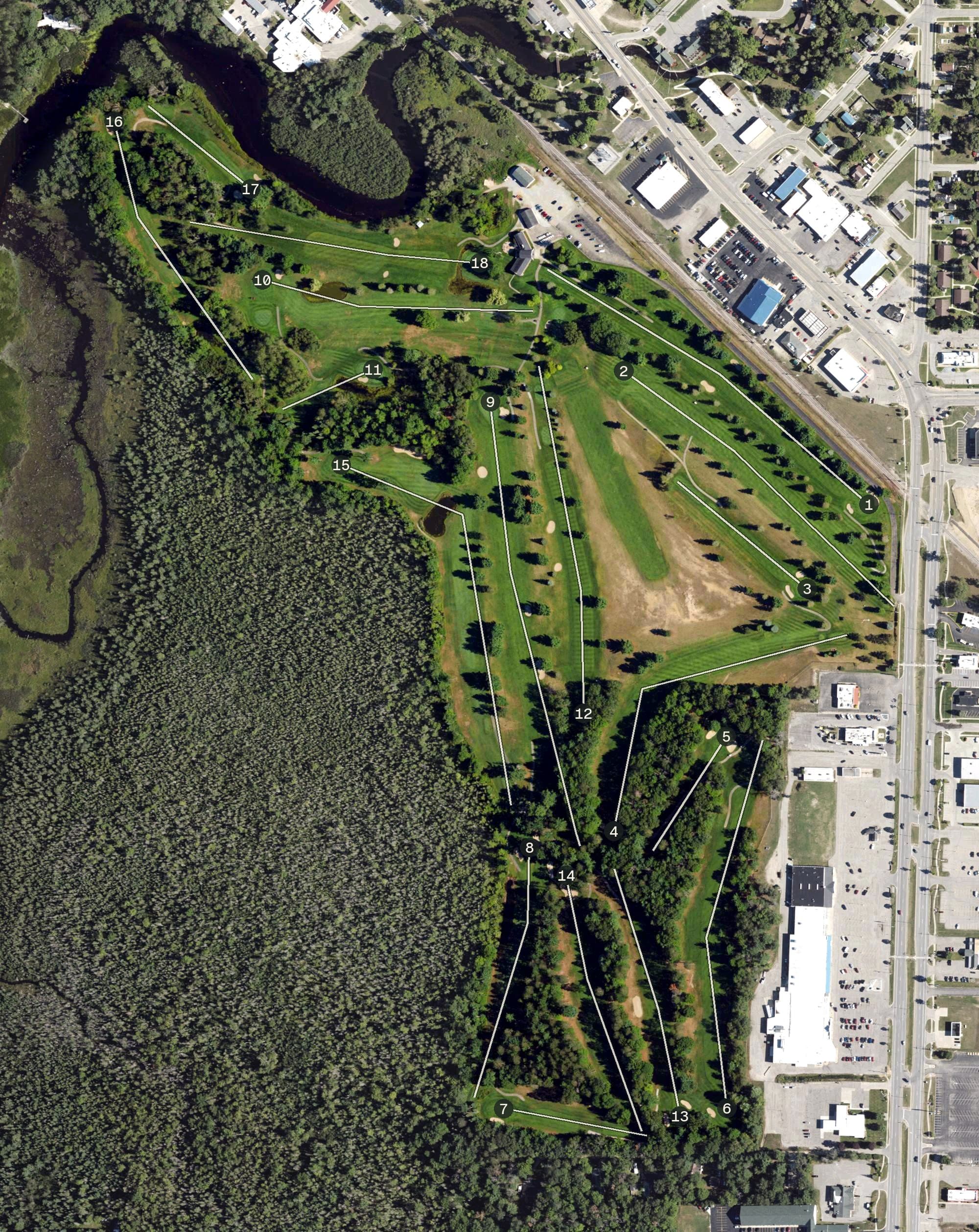 Aerial view of Grayling Country Club, MI, with its hole routing marked