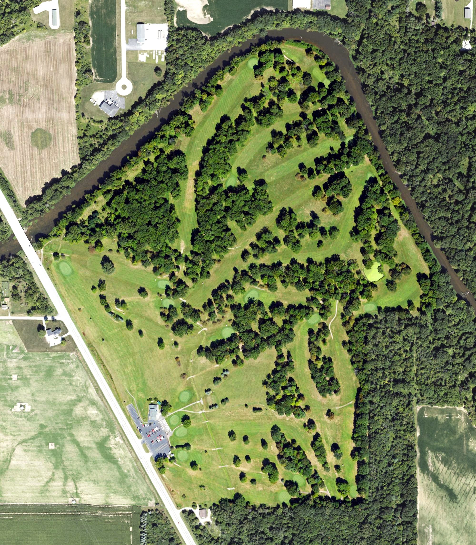 Aerial view of Green Acres Golf Course, MI, with its hole routing marked