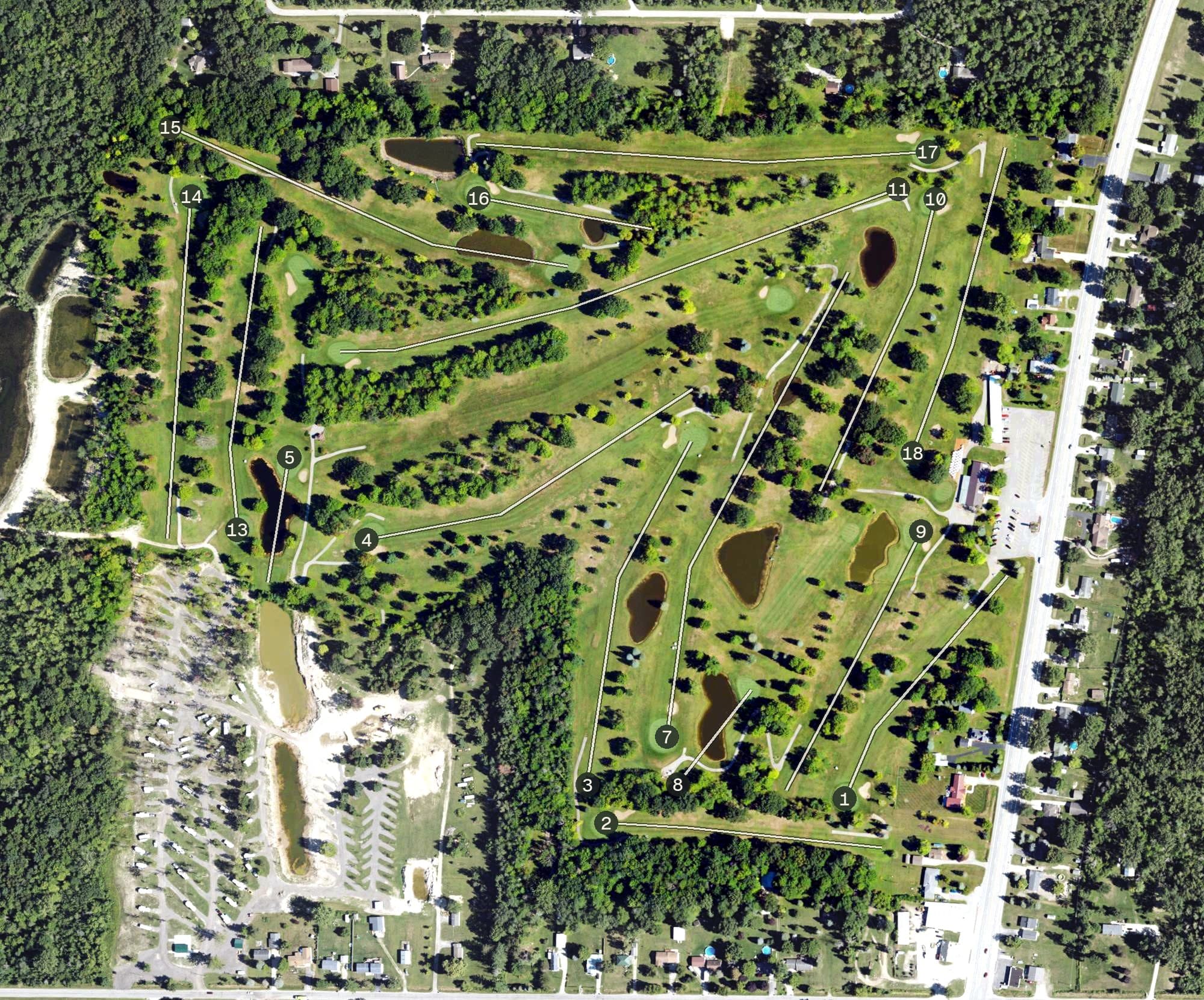 Aerial view of Green Hills Golf Course, MI, with its hole routing marked