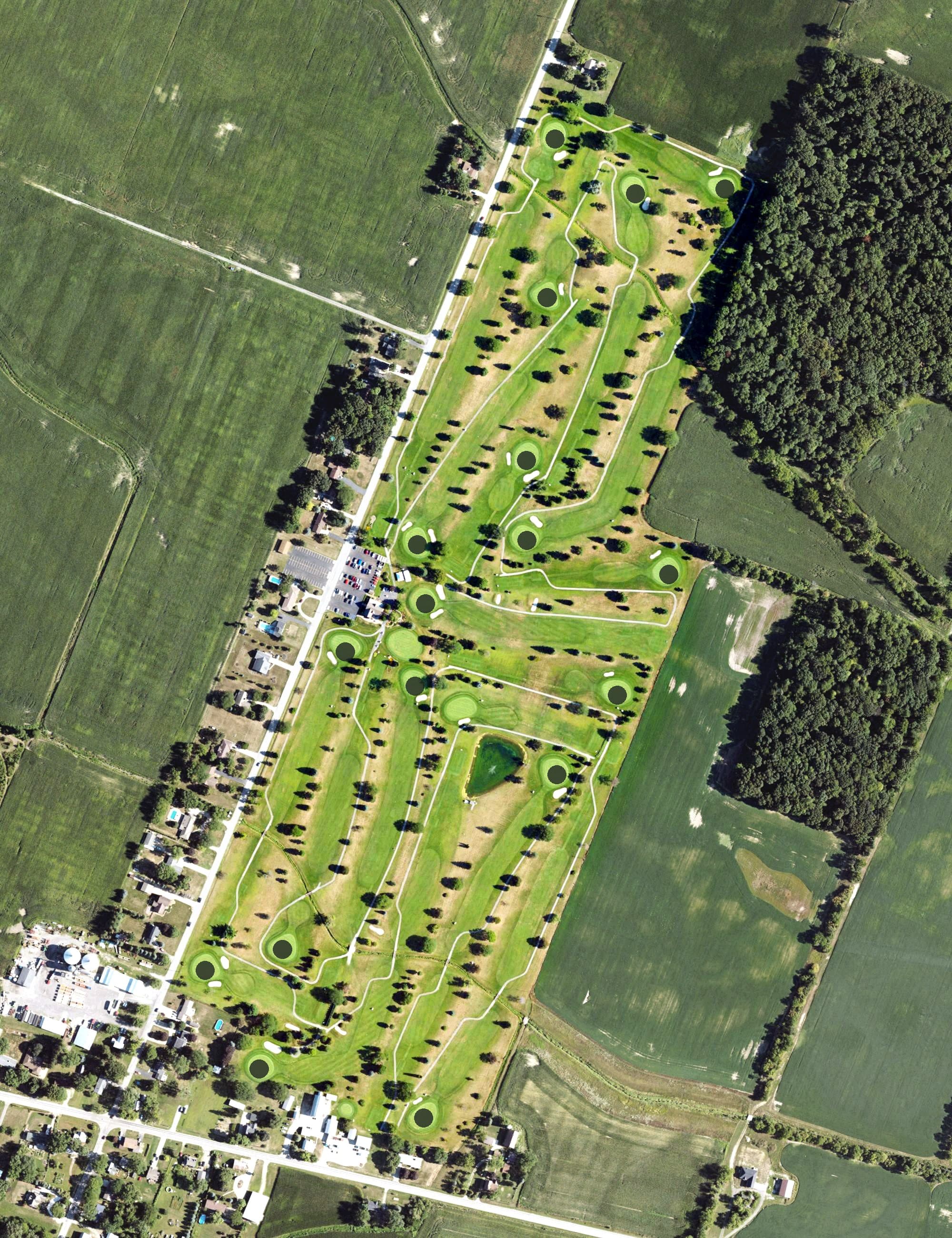 Aerial view of Green Meadows Golf Course, MI, with its hole routing marked