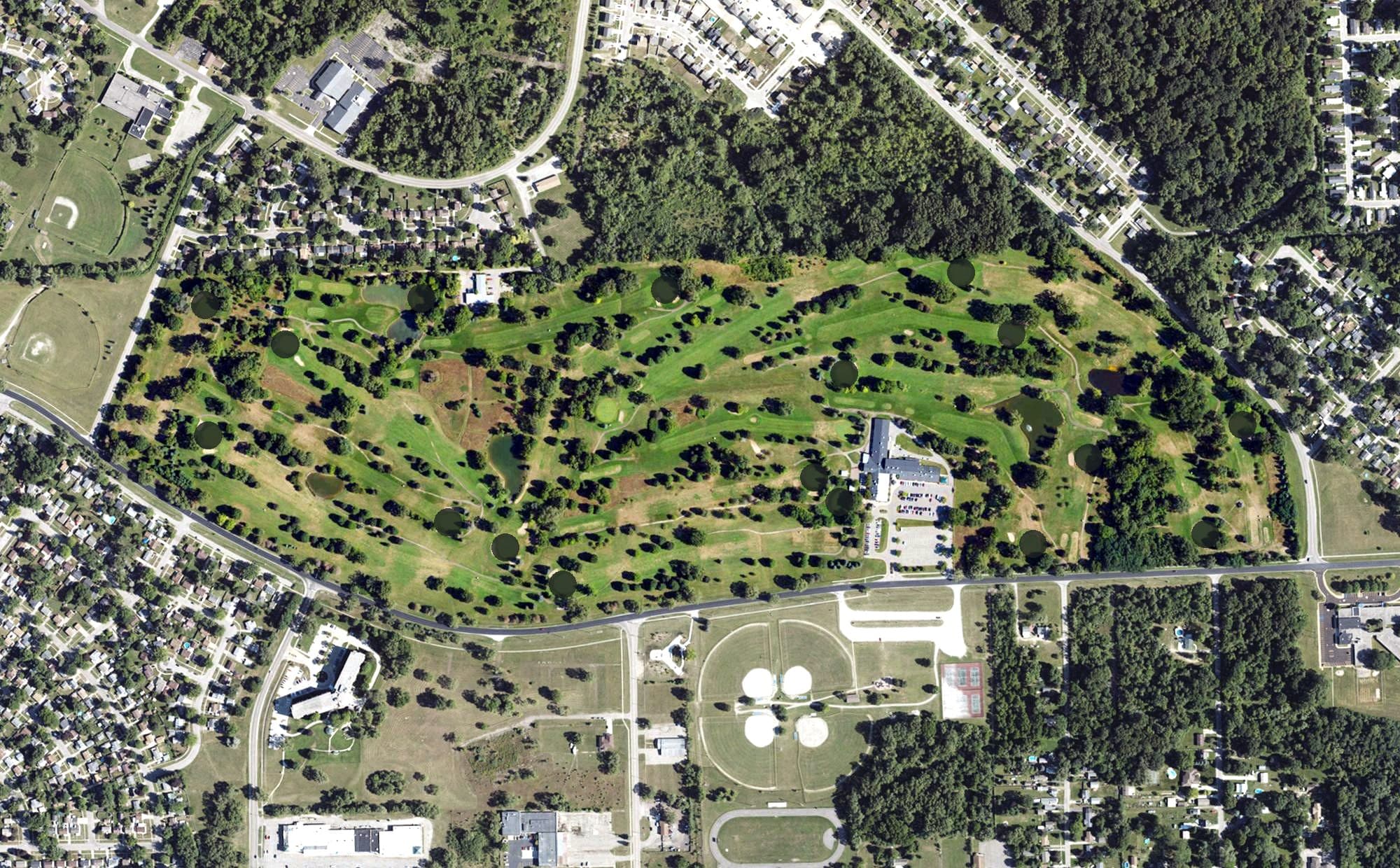 Aerial view of Green Oaks Golf Course, MI, with its hole routing marked