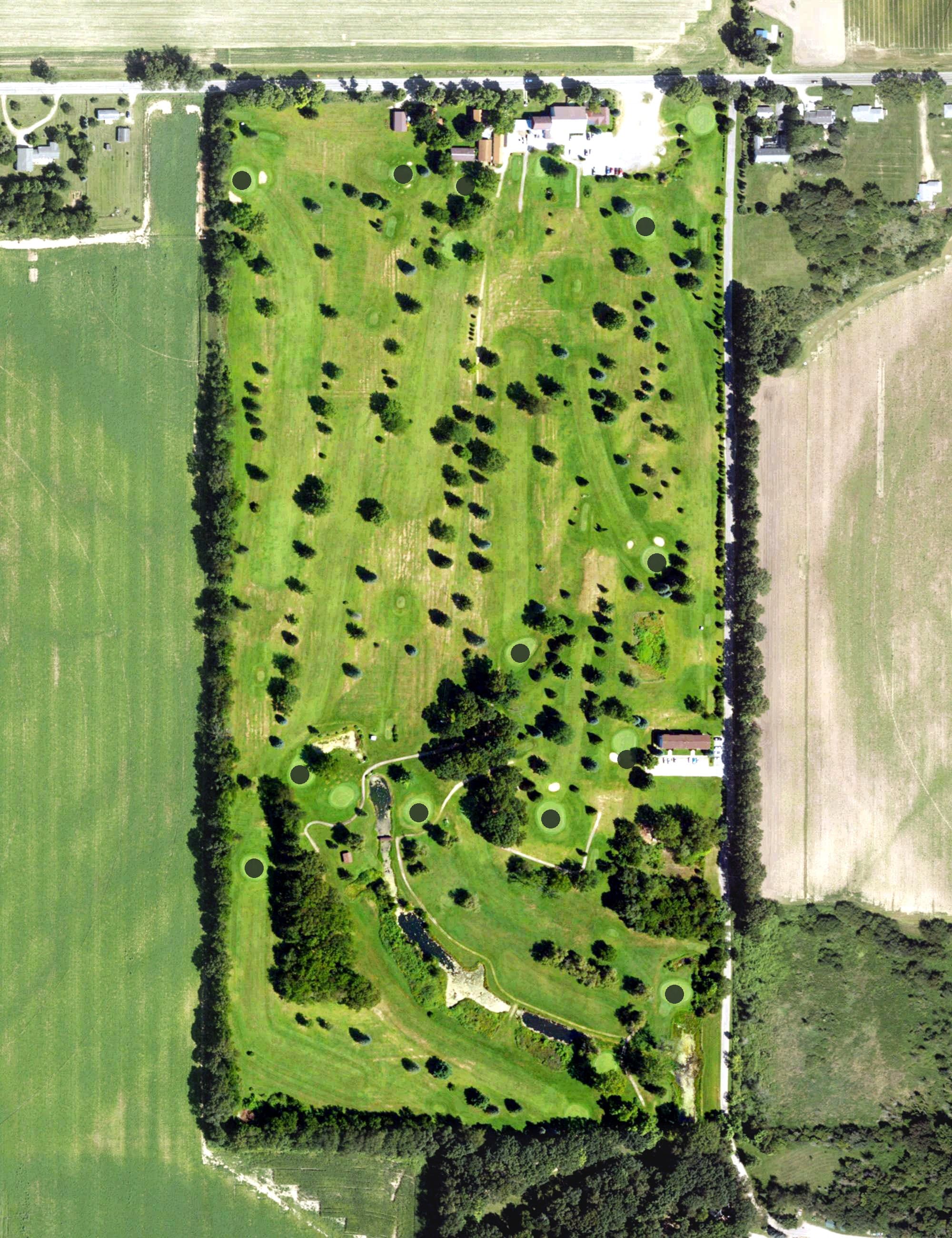 Aerial view of Green Valley Golf Course, MI, with its hole routing marked