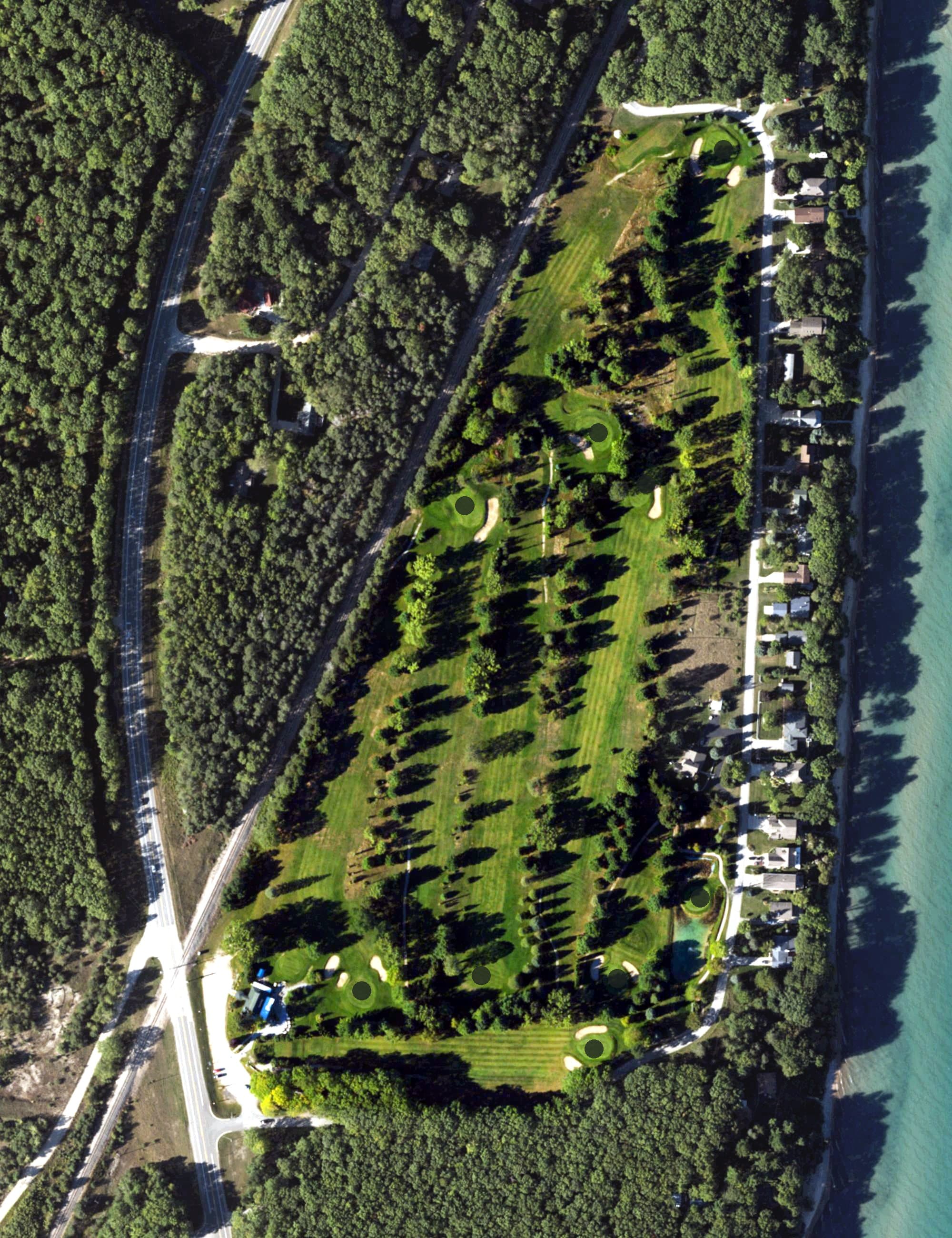Aerial view of Greenbush Golf Course, MI, with its hole routing marked