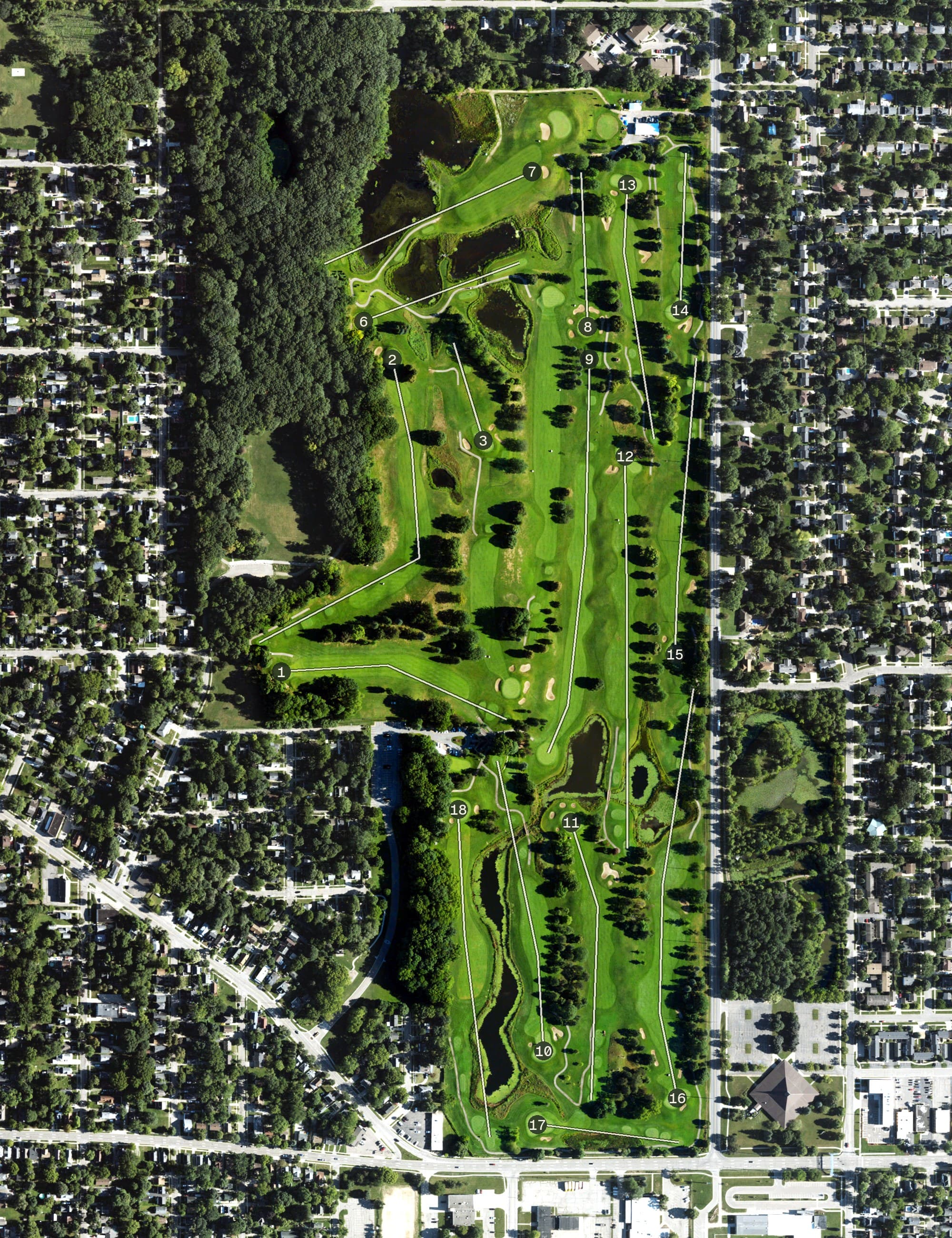 Aerial view of Groesbeck Golf Course, MI, with its hole routing marked