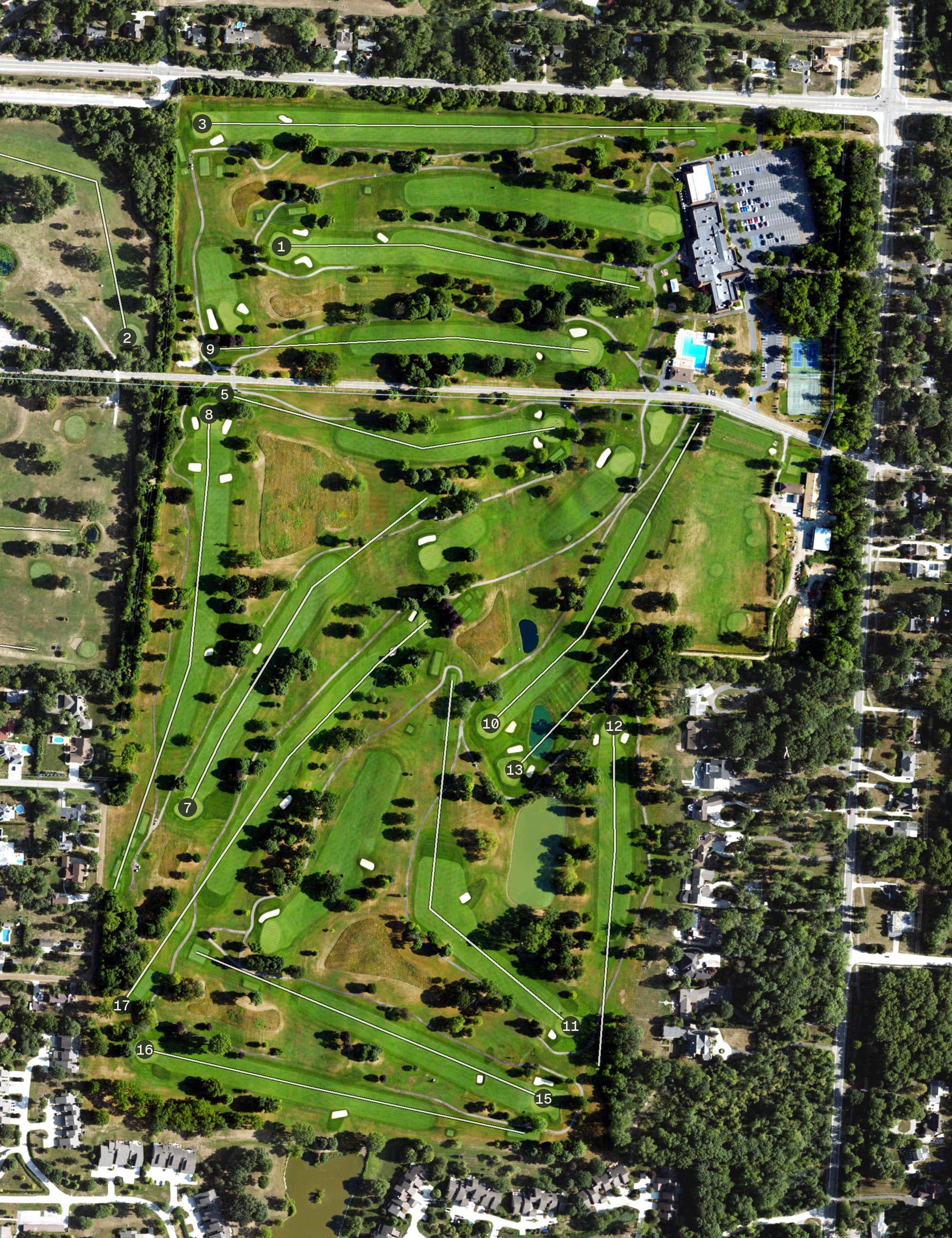 Aerial view of Grosse Ile Golf & Country Club, MI, with its hole routing marked