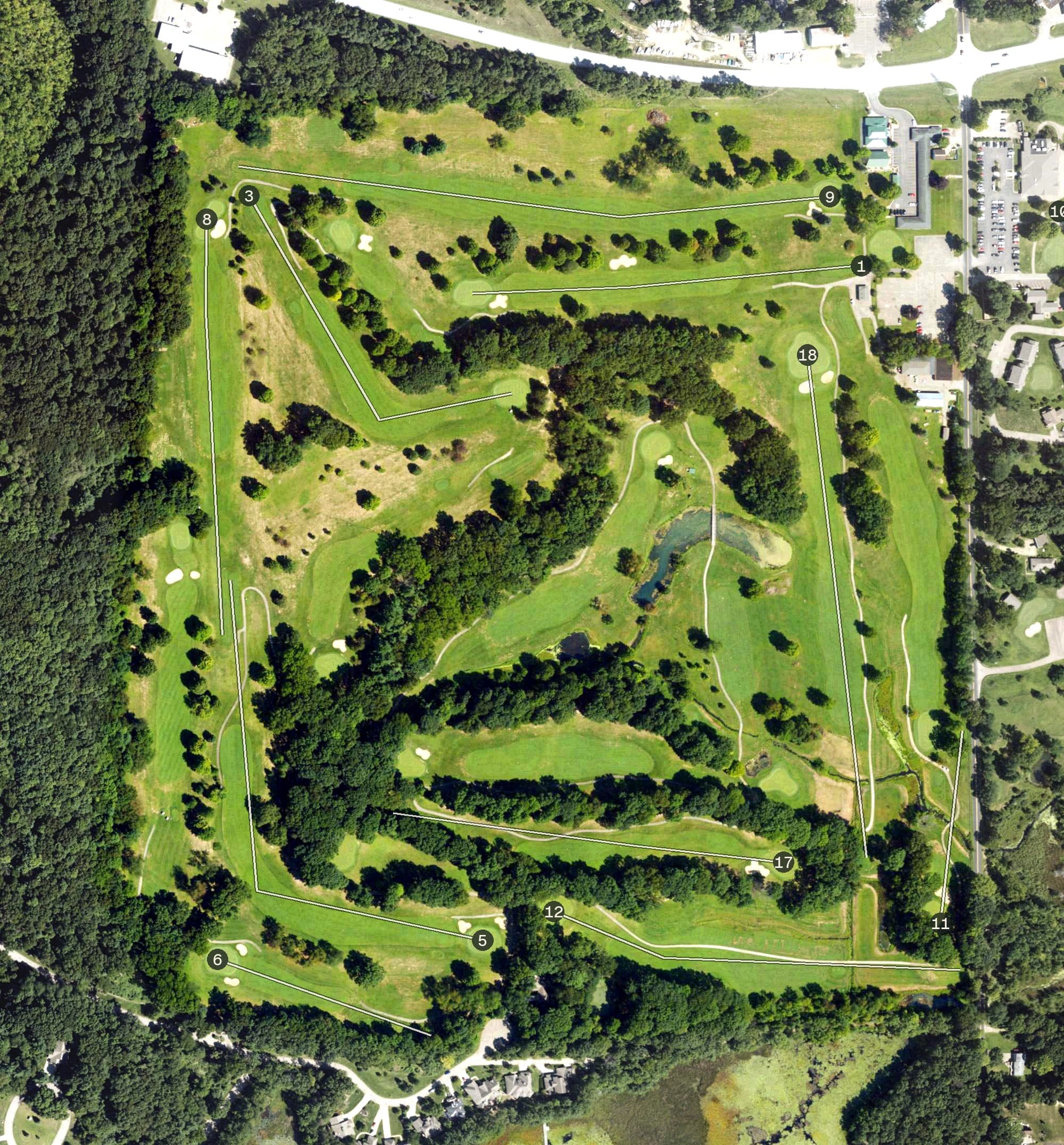 Aerial view of Gull Lake View West, MI, with its hole routing marked