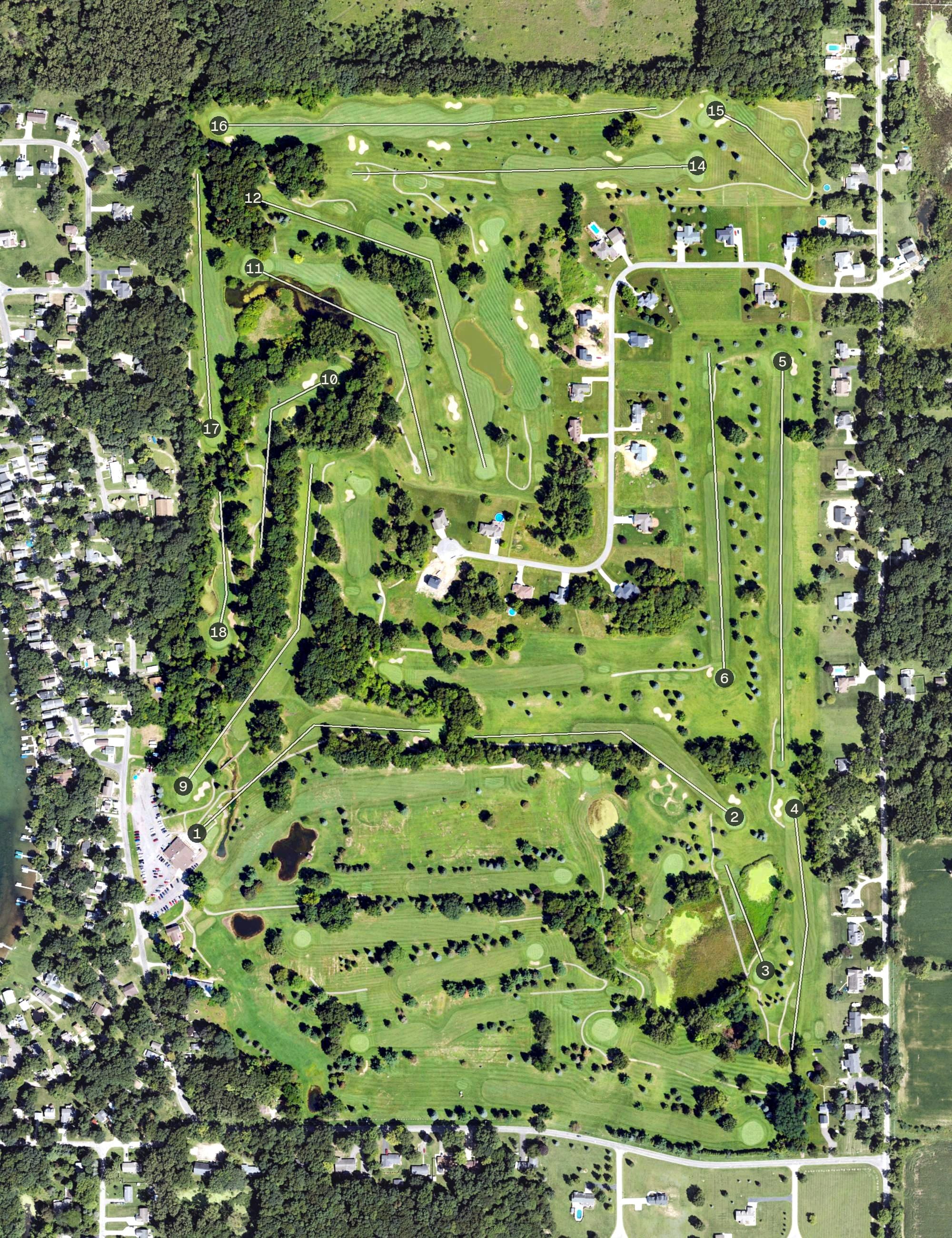 Aerial view of Hankerd Hills Golf Course, MI, with its hole routing marked