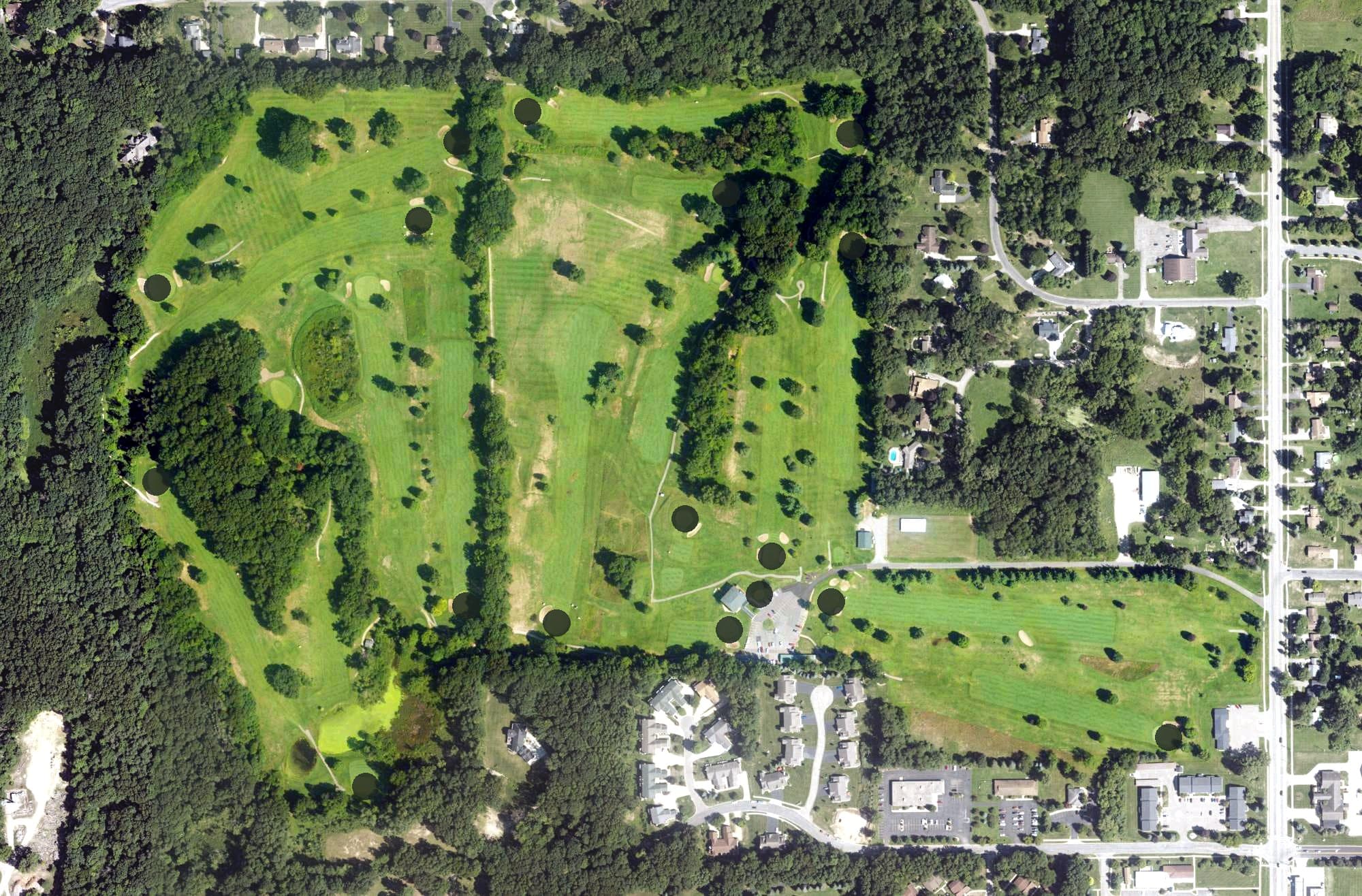Aerial view of Hastings Country Club, MI, with its hole routing marked