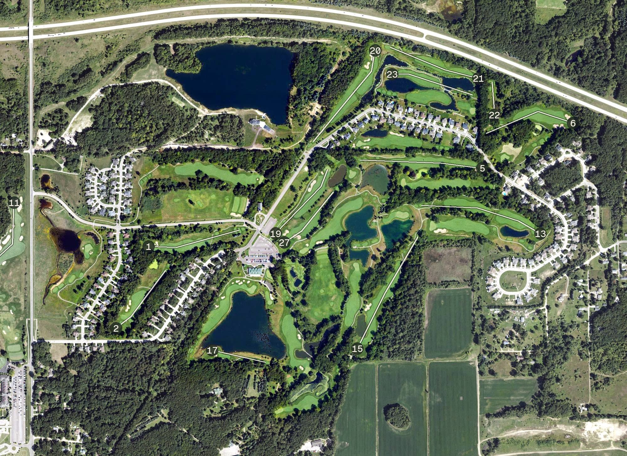 Aerial view of Hawk Hollow Golf Course, MI, with its hole routing marked