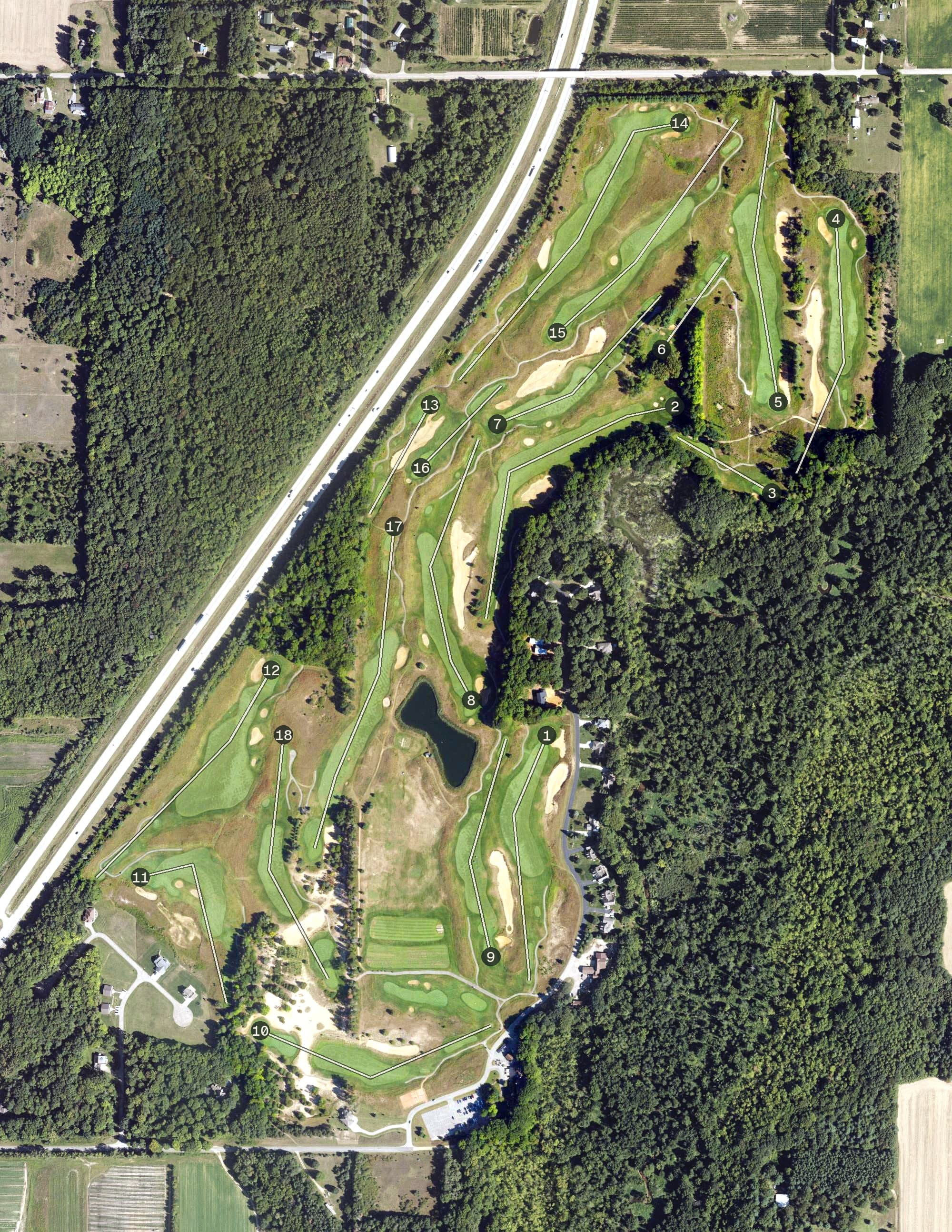 Aerial view of Hawkshead Links Golf Course, MI, with its hole routing marked