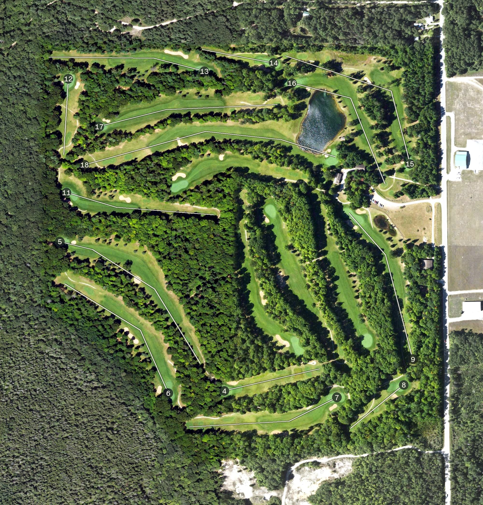 Aerial view of Hessel Ridge Golf, MI, with its hole routing marked