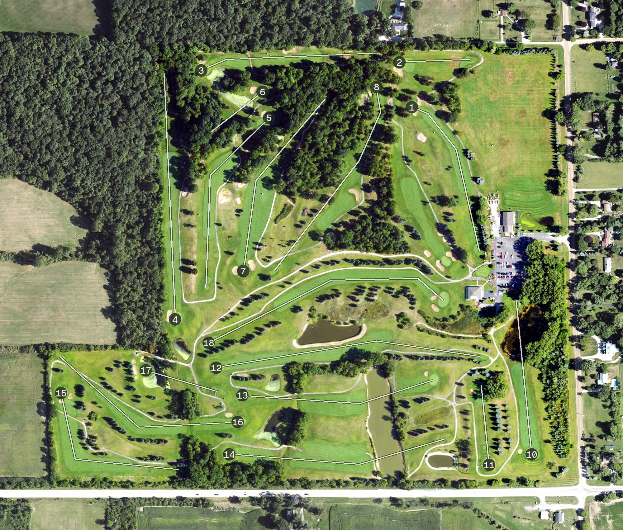Aerial view of Hickory Creek Golf Course, MI, with its hole routing marked