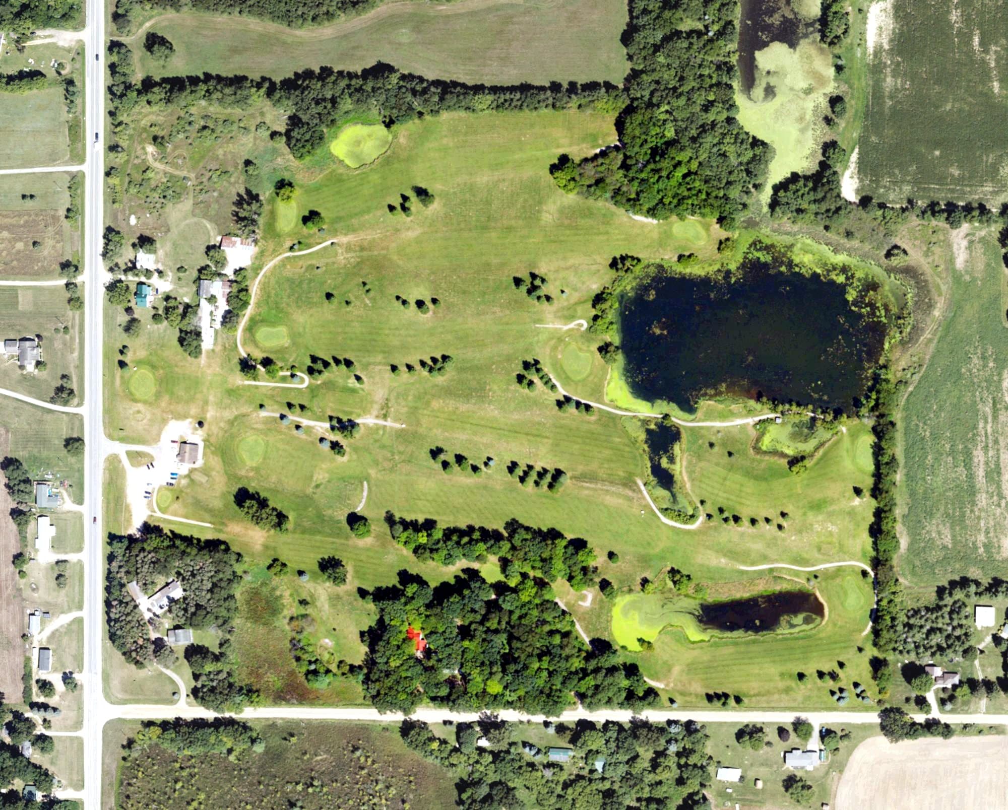Aerial view of Hickory Hills Golf Course, MI, with its hole routing marked