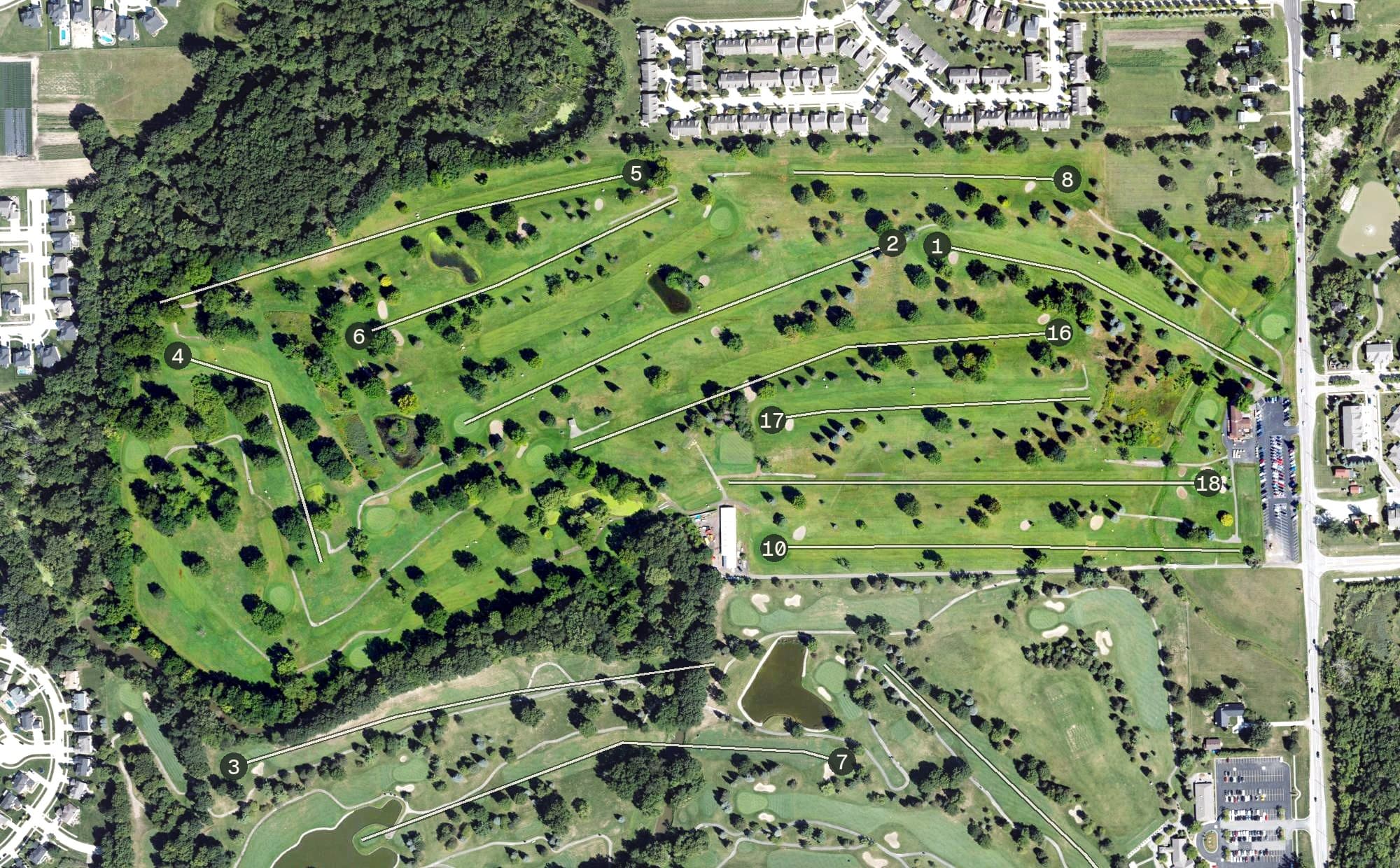 Aerial view of Hickory Hollow Golf Course, MI, with its hole routing marked