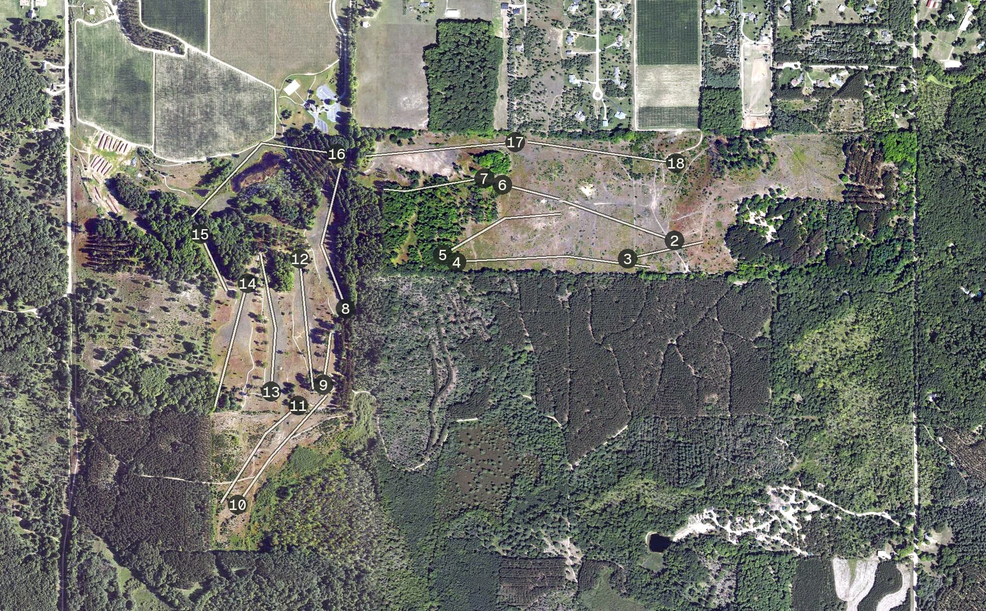 Aerial view of High Pointe Golf Club, MI, with its hole routing marked