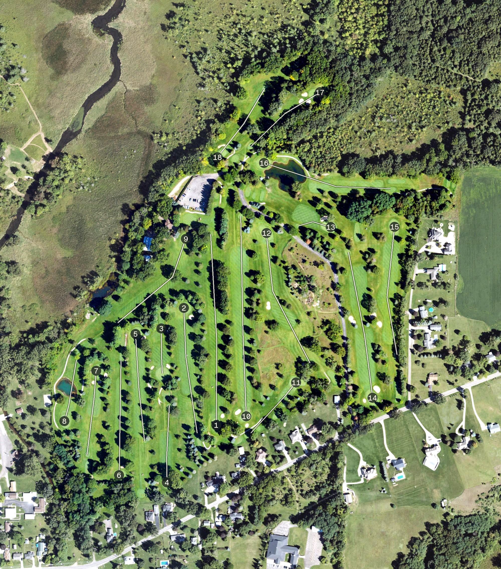 Aerial view of Hills Heart of the Lakes Golf Course, MI, with its hole routing marked