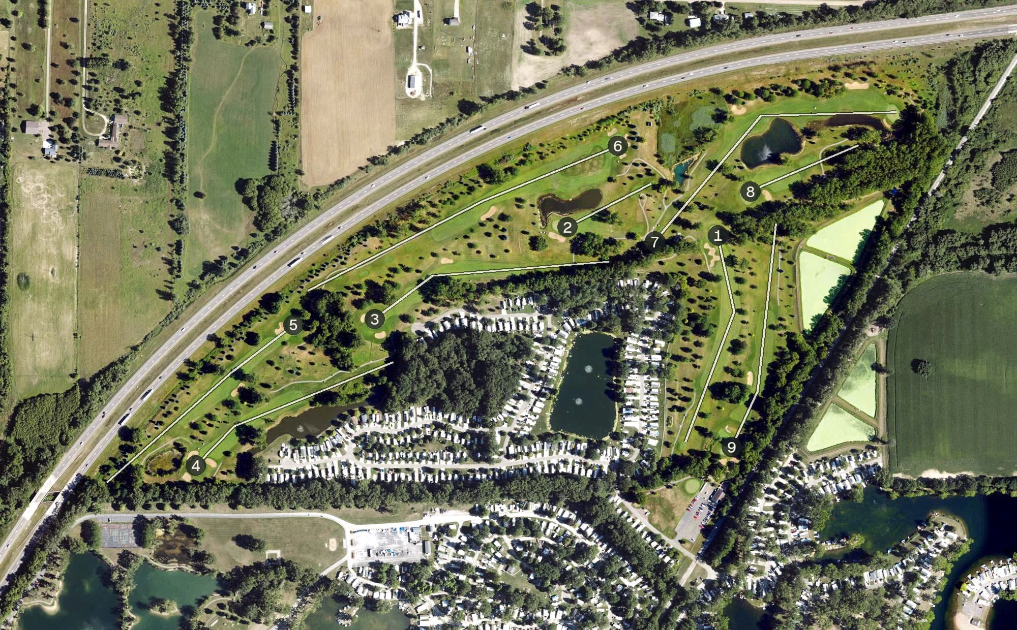 Aerial view of Holiday Meadows Golf Course, MI, with its hole routing marked