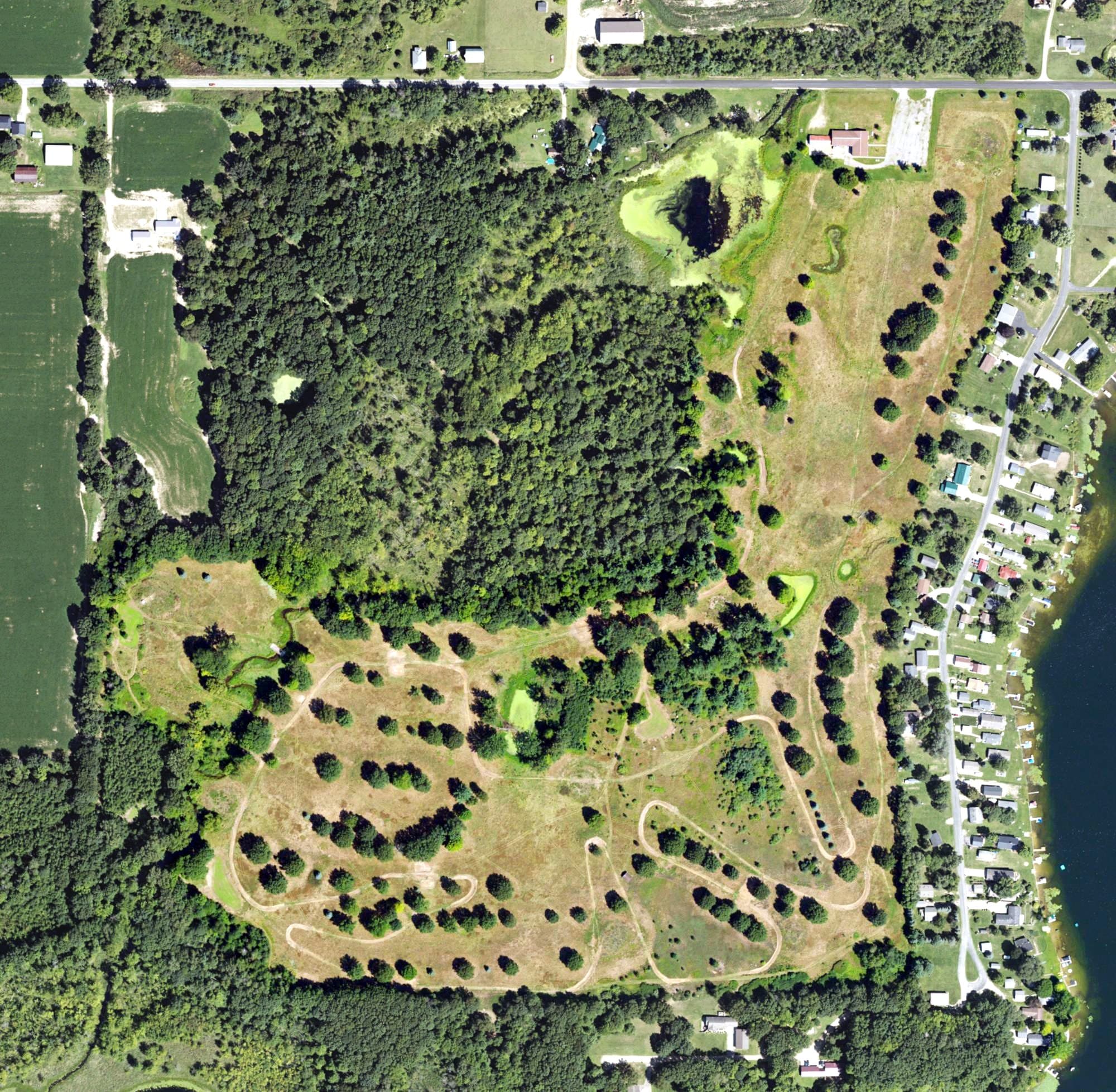 Aerial view of Holland Lake Golf Course, MI, with its hole routing marked