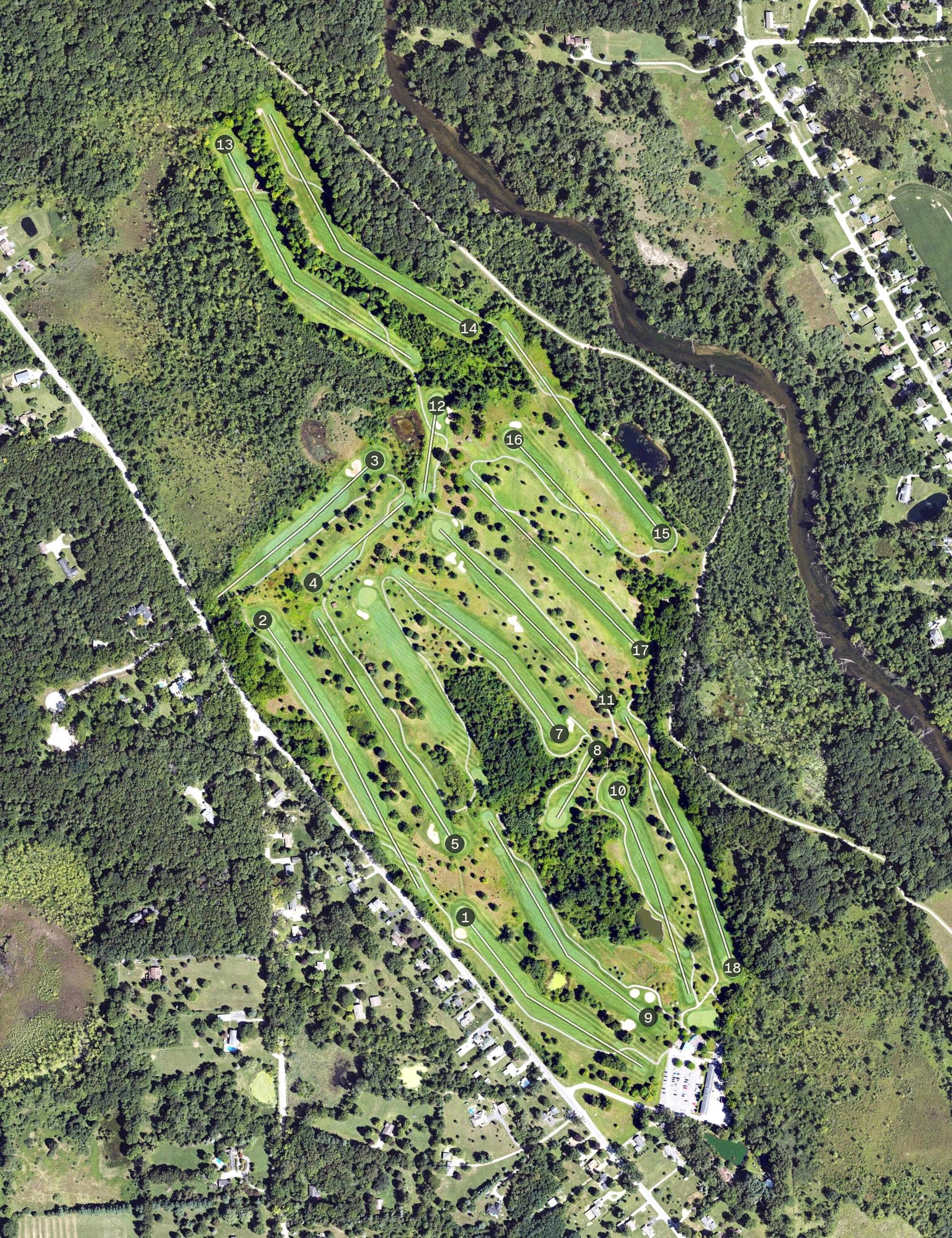 Aerial view of Hudson Mills Metropark Golf Course, MI, with its hole routing marked