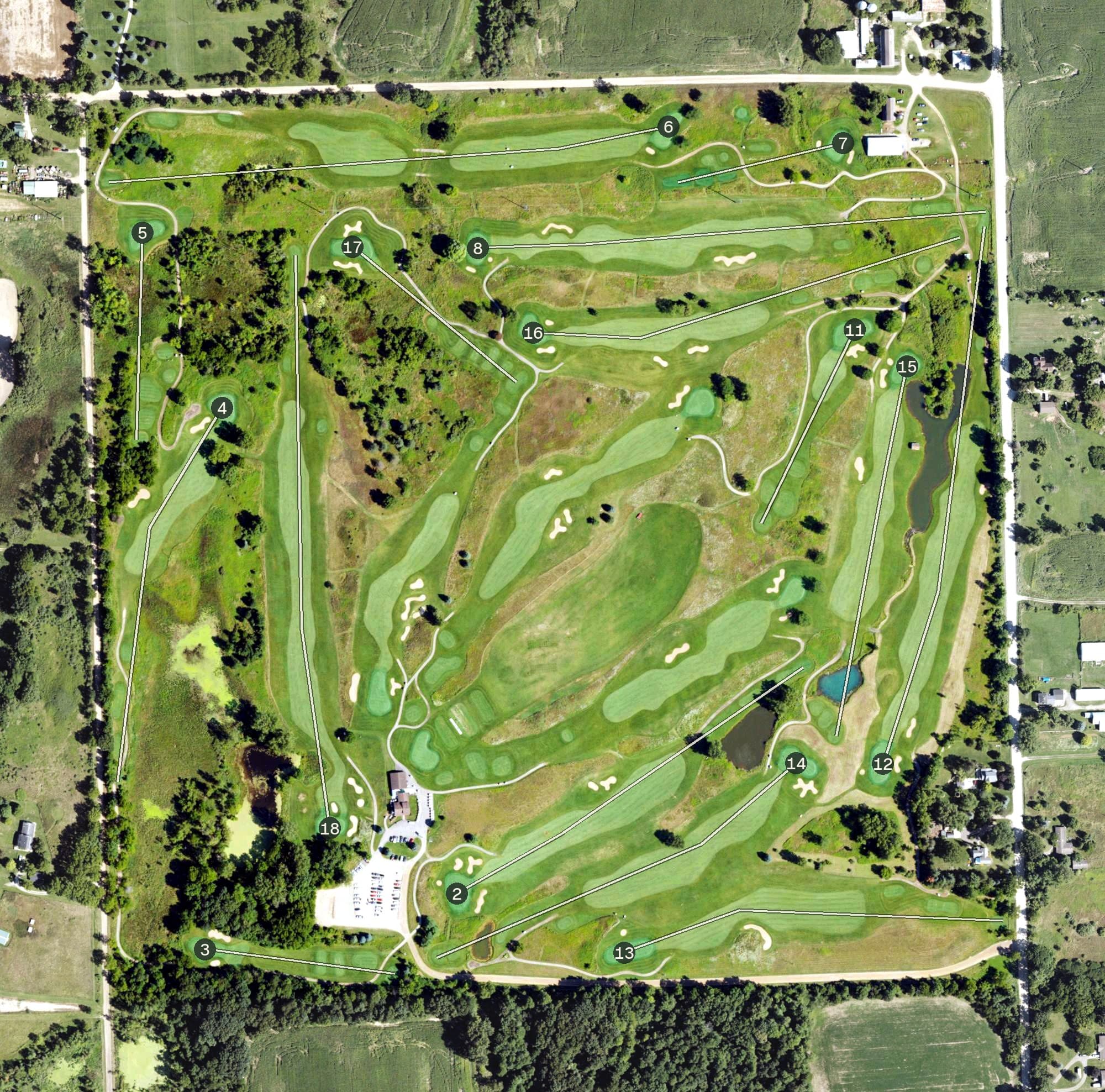 Aerial view of Hunters Ridge Golf Course, MI, with its hole routing marked