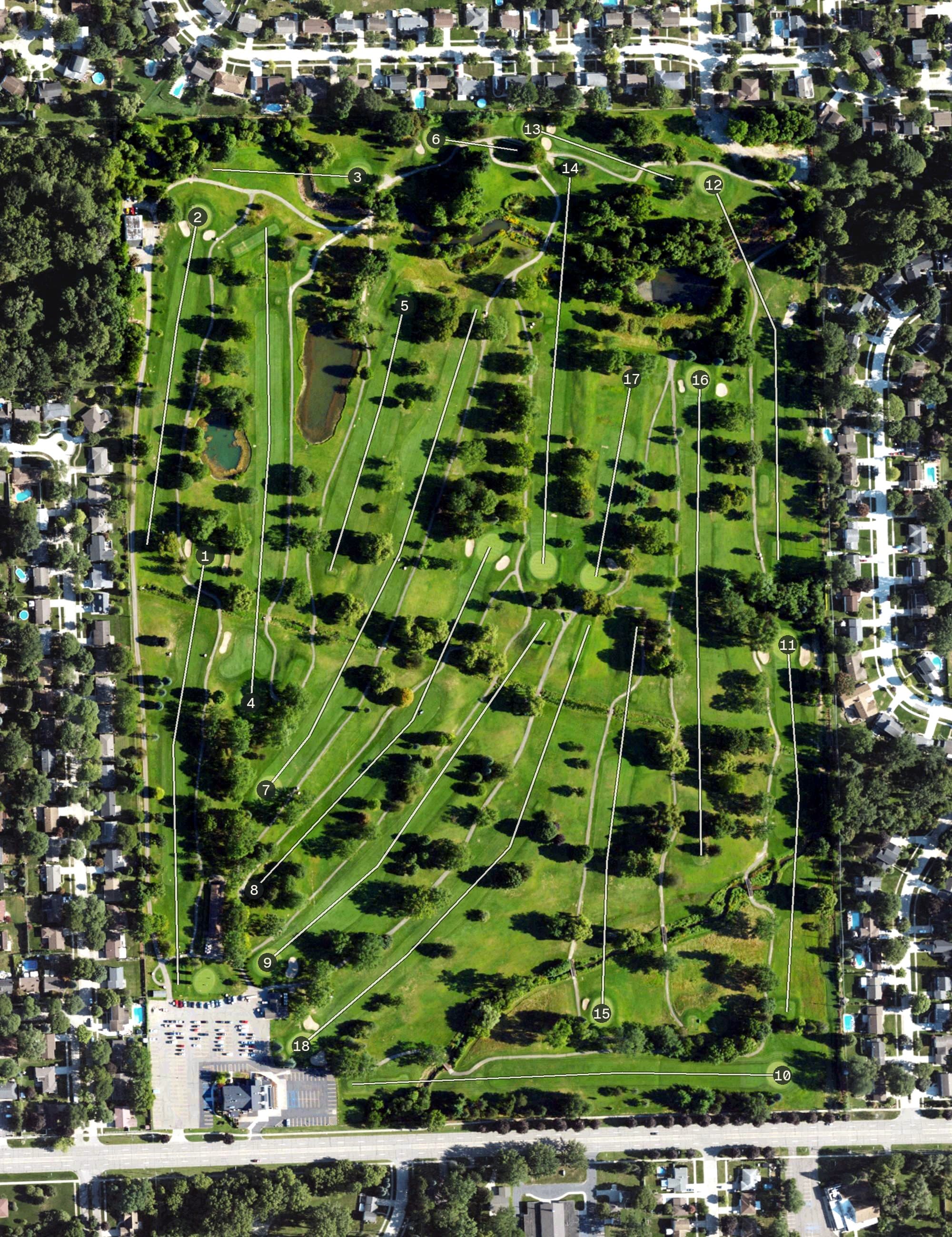 Aerial view of Idylwyld Golf Club, MI, with its hole routing marked