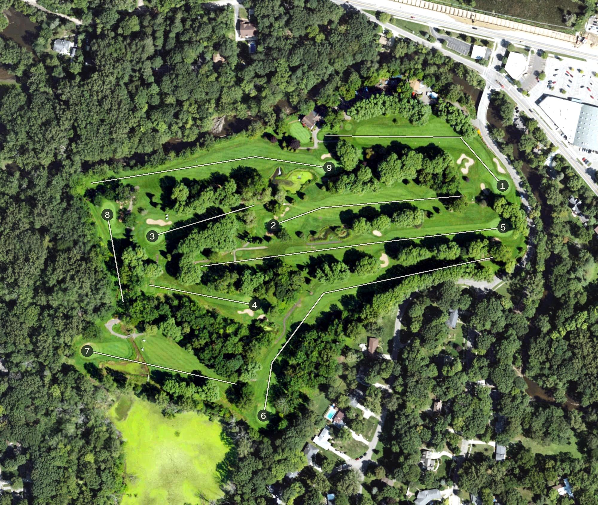 Aerial view of Indian Hills Golf Course, MI, with its hole routing marked