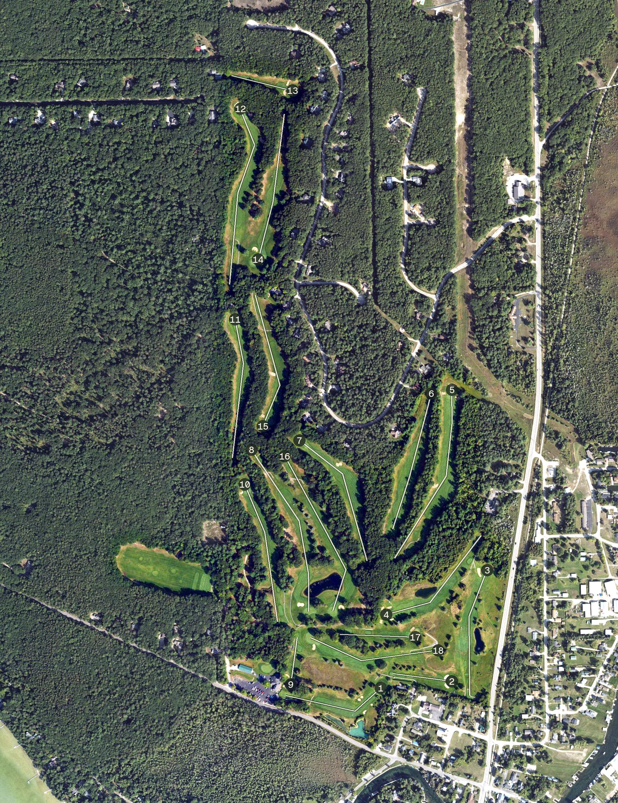 Aerial view of Indian River Golf Club, MI, with its hole routing marked